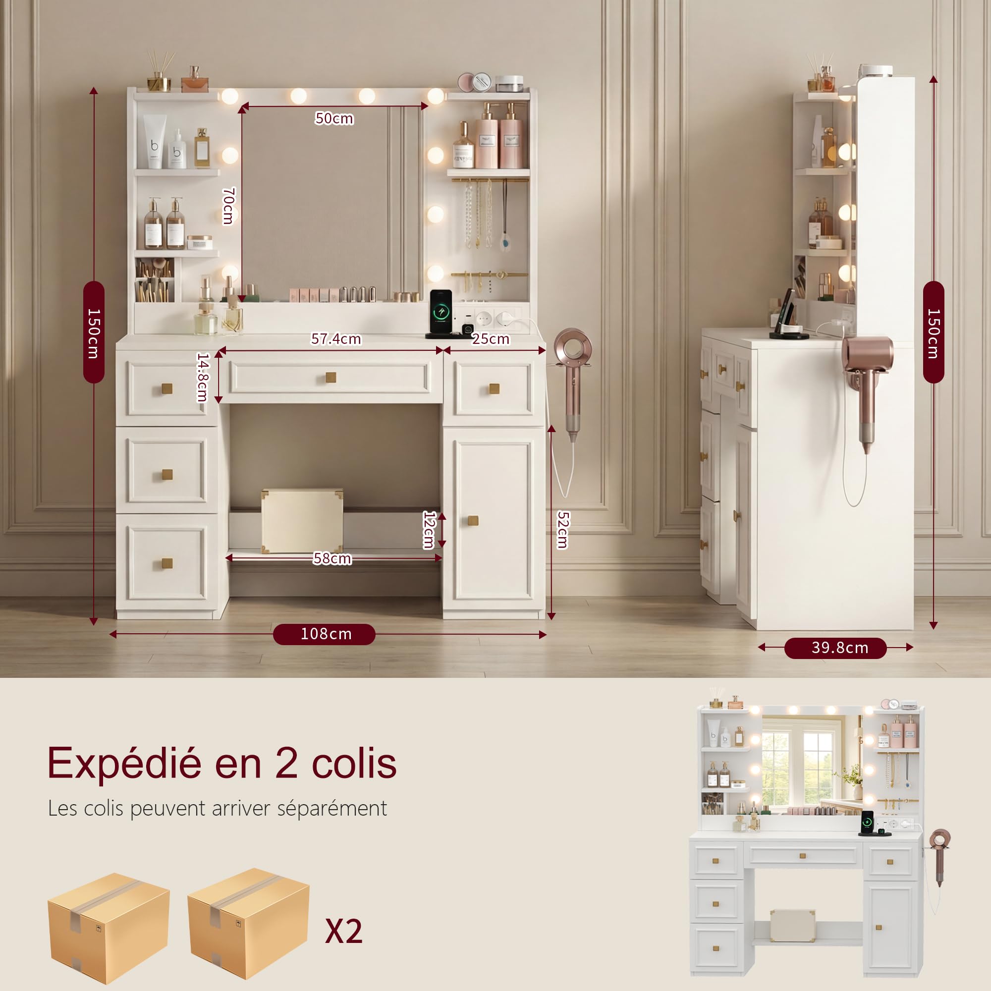 Heybly Coiffeuse avec Miroir LED et Éclairage, Table de Maquillage avec 6 Tiroirs et 6 Étagères, avec Prises Électriques et Rangement Bijoux, Coiffeuse Moderne pour Chambre, Blanche BDT002WT