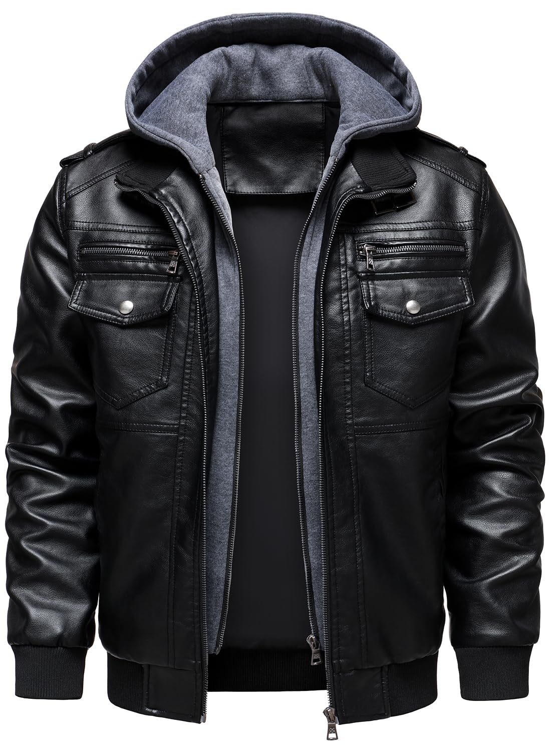 HOOD CREW Herren Lederjacke mit Kapuze Kunstleder Motorradjacken Wasserabweisend Winddicht Moto Vintage Bomberjacke