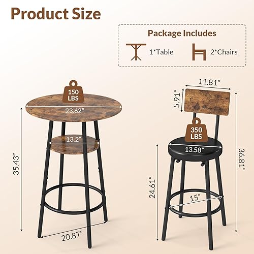Miniatura 2 de Juego de mesa de bar de 3 piezas redondas, mesa de comedor pequeña para 2, mesa de bar de cocina moderna, mesa de desayuno con almacenamiento, 2
