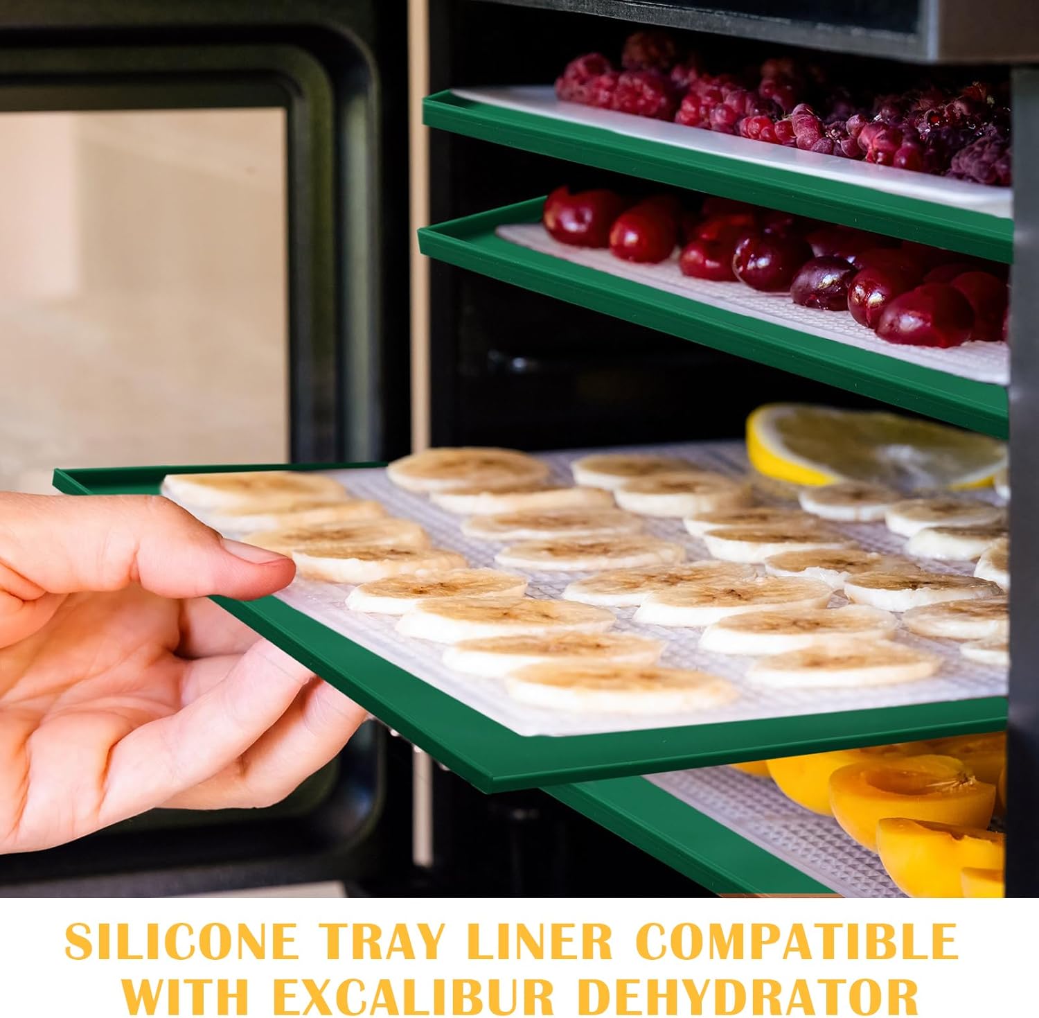 Baderke 6 Pcs 14" x 14" Silicone Dehydrator Mats with Edge Compatible with 6 Pcs Excalibur Dehydrator Sheets Mesh tray liners Accessories Square for Fruits Meat Vegetables(Dark Green)