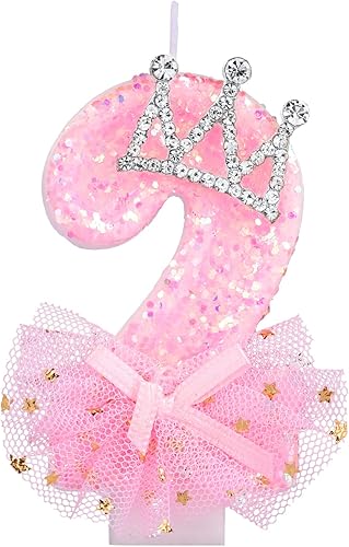 Velas de número de cumpleaños, velas de malla con lazo de corona de 2.95 pulgadas, velas de números rosas con purpurina, velas de cumpleaños con
