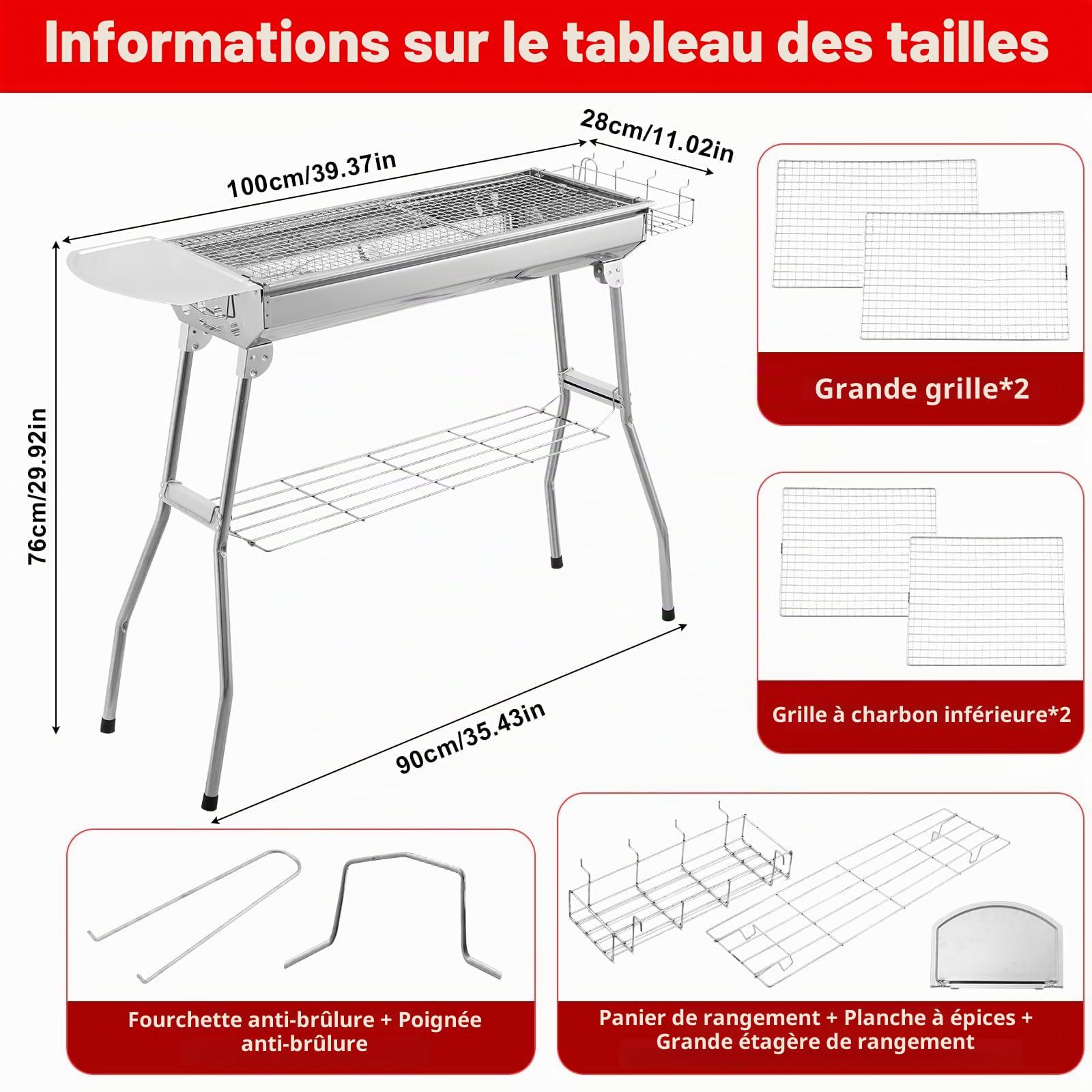 Barbecue Charbon de Bois Grill, avec Plateau épices Paniers Latéraux étagère Rangement Inférieure, Portable Acier Inoxydable Pliant Grill pour Cuisiner Plein Air Camping Randonnée Pique Nique