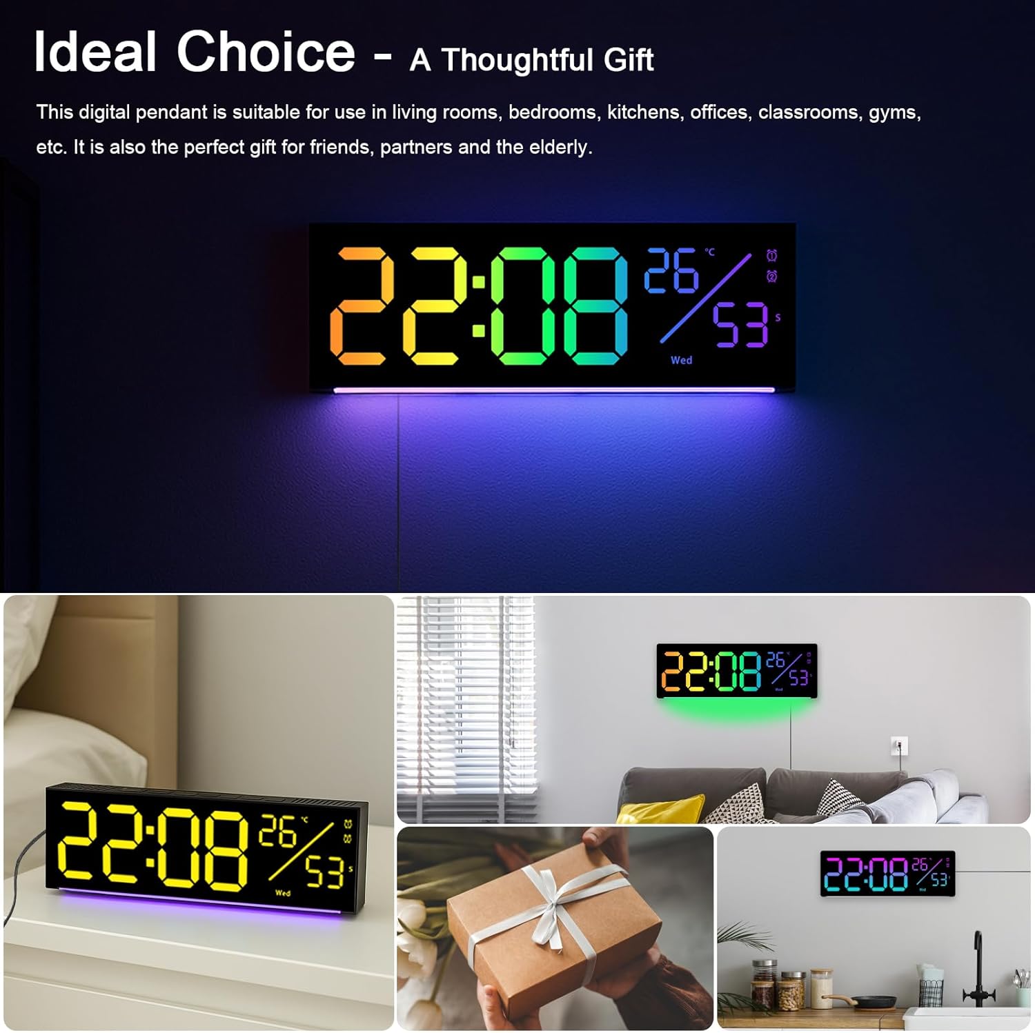 JoFomp 12" RGB Color LED Digital Wall Clock with Remote Control, Seconds Display, Plug-in Digital Alarm Clock with Auto Brightness, DST, Temp, Digital Clock for Living Room, Bedroom, Classroom, Office