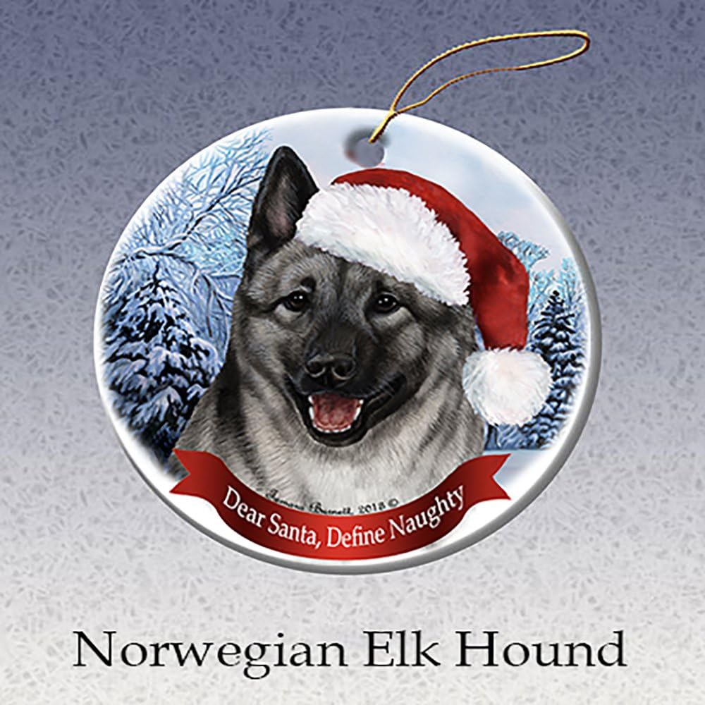 Holiday Pet Gifts Norwegian Elkhound Santa Hat Dog Porcelain Christmas Ornament
