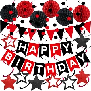 Black & Red Birthday Party Decorations - Happy Birthday Banner, Honeycomb Balls, Star Streamers, Circle Dots, Triangle Flags Bunting