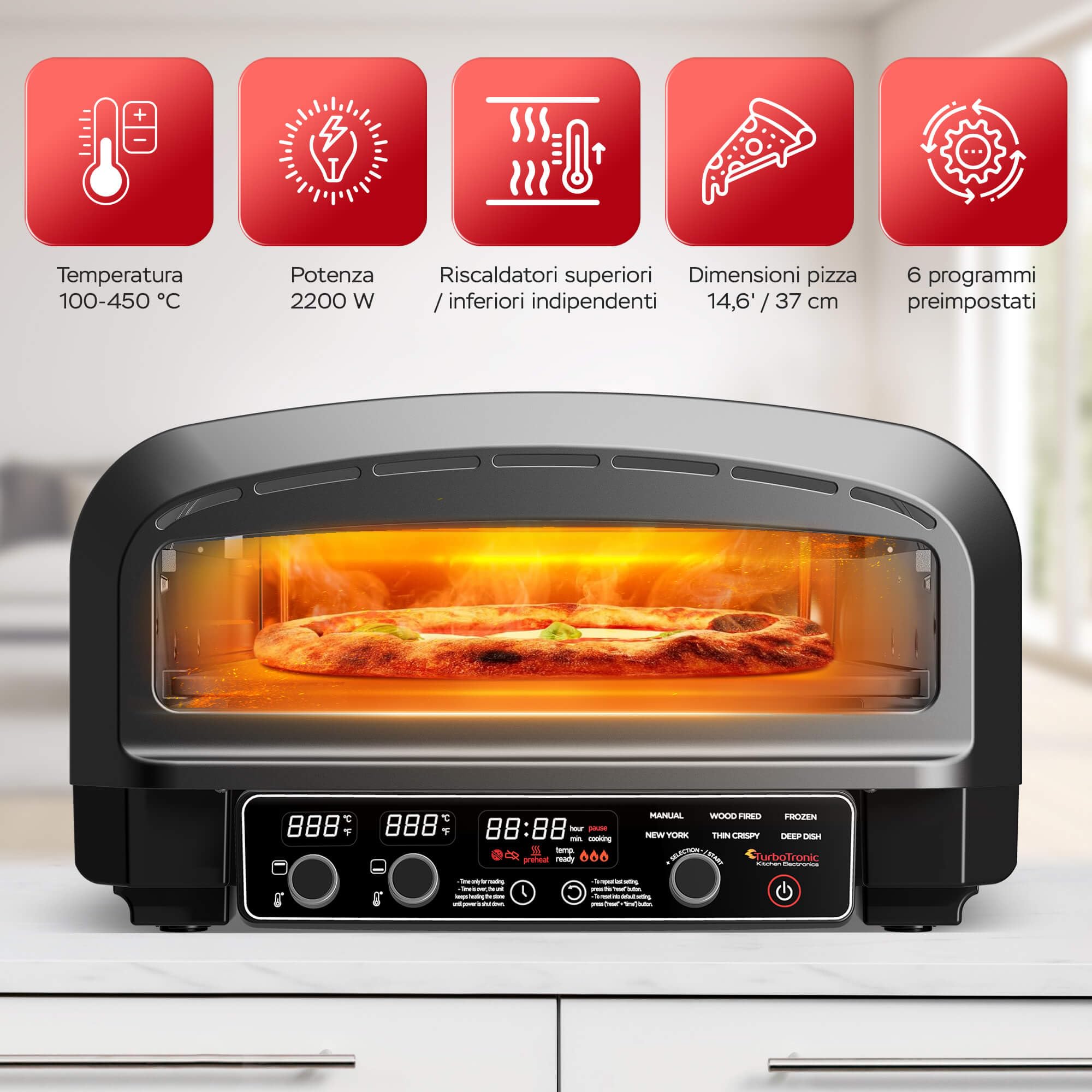 Forno elettrico per pizza fino a 450 °C, pietra interna ed esterna, 2200 W, giardino per casa, piccolo forno, tavolo e fiamme, con pala