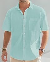 Vista 182 de J.VER Camisas de manga corta de lino y algodón para hombre, estilo informal, ligeras, con botones, para vacaciones, playa y verano, con bolsillo