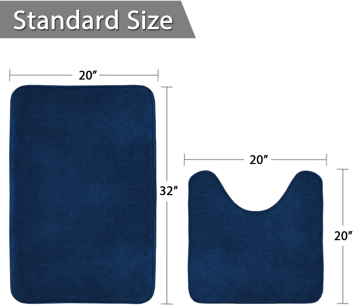 Flamingo P Memory Foam Bath Rug Contoured and Rectangle 2 Piece Non Slip Absorbent Velvet Bathroom Rug Carpet, Non Slip and Machine Washable (20" x 32" & 20" x 20", Navy)