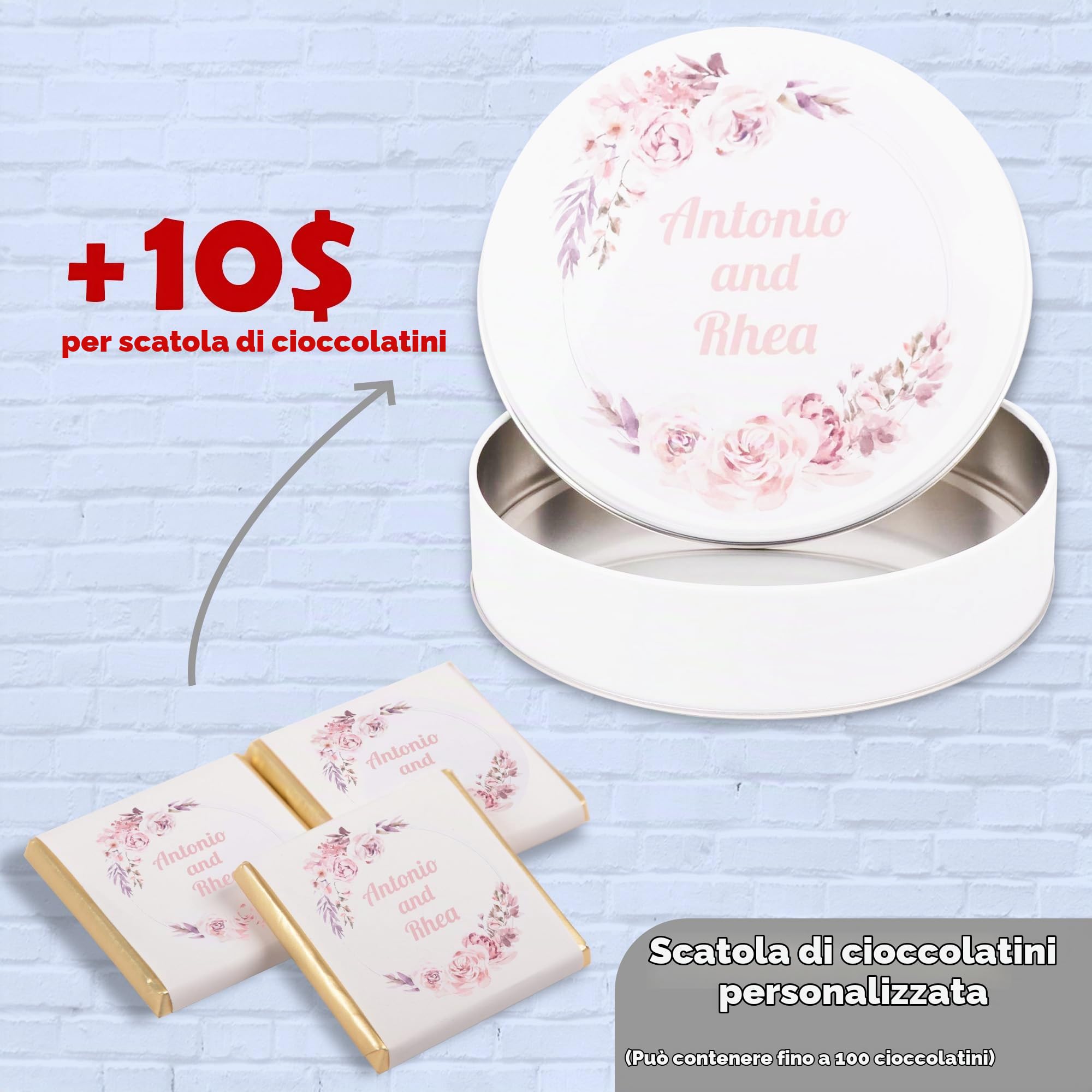 Set di 50 cioccolatini nuziali personalizzati, bomboniere nuziali personalizzate al cioccolato per gli ospiti, bomboniere personalizzate, design unico per matrimoni, regali per damigelle d'onore