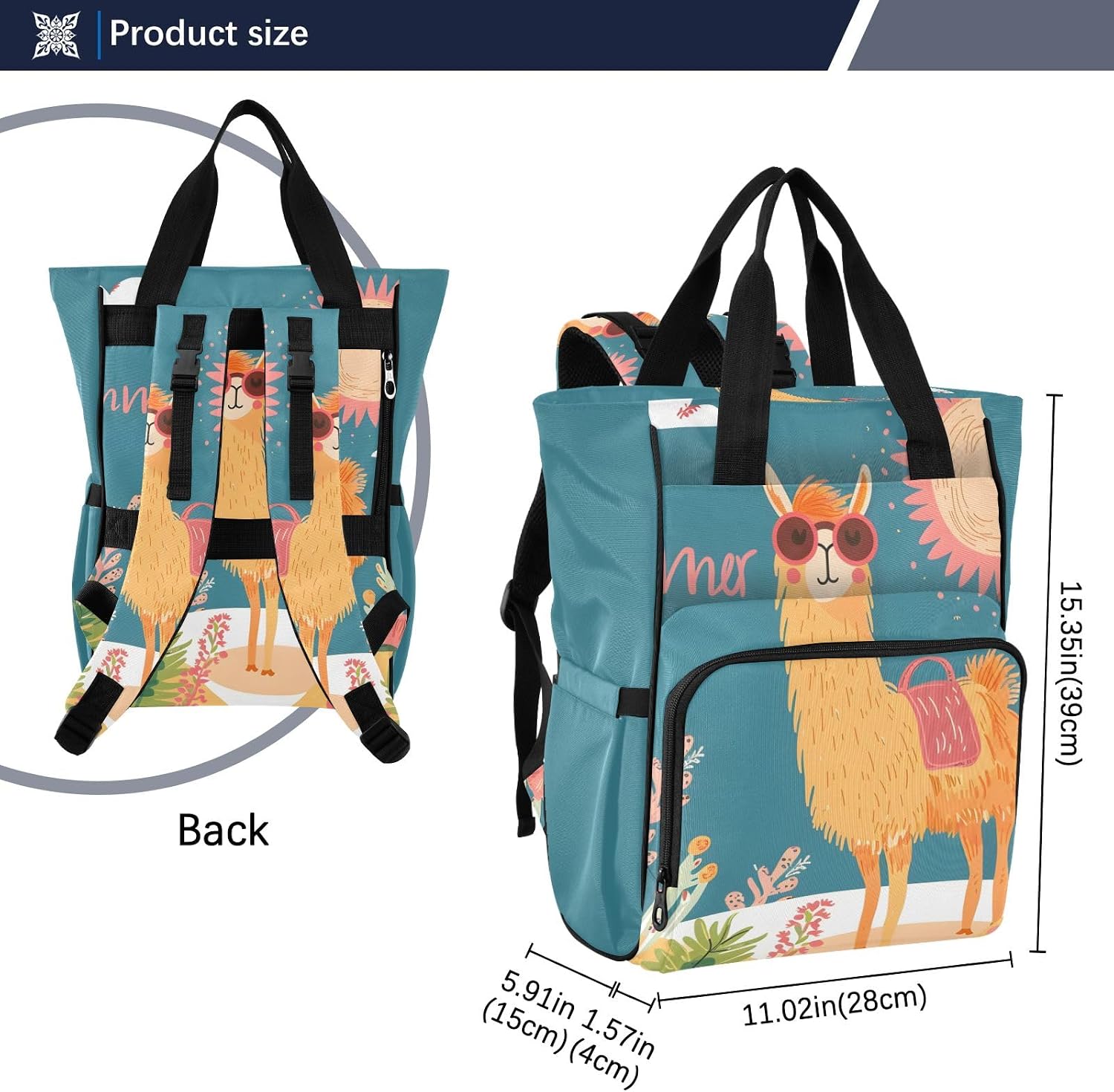 Bolaz Diaper Bag Backpack Tote Multifunction Baby Nappy Changing Bags Cute Llama with Glasses Large with Stroller Straps Travel