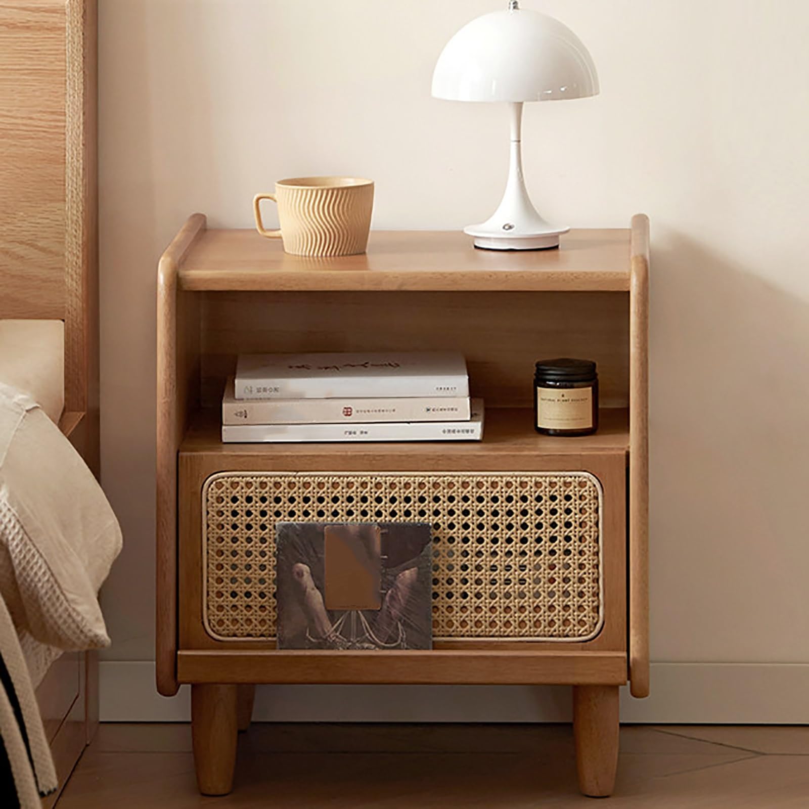 SXZenSpace Rattan Nightstand with Drawer End Table, 100% Solid Wood Bedside Table for Bedroom(Beige,35x35.2x50cm)
