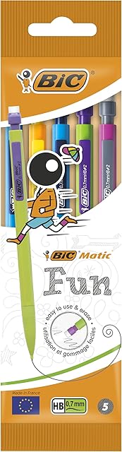 BIC Matic Fun, HB Mechanical Pencils and Eraser, Assorted Barrel Colours with Fine ,Yellow,Blue,Green,White,Pink,Point (0.7mm), Pack of 5,Yellow,Blue,Green,White,Pink