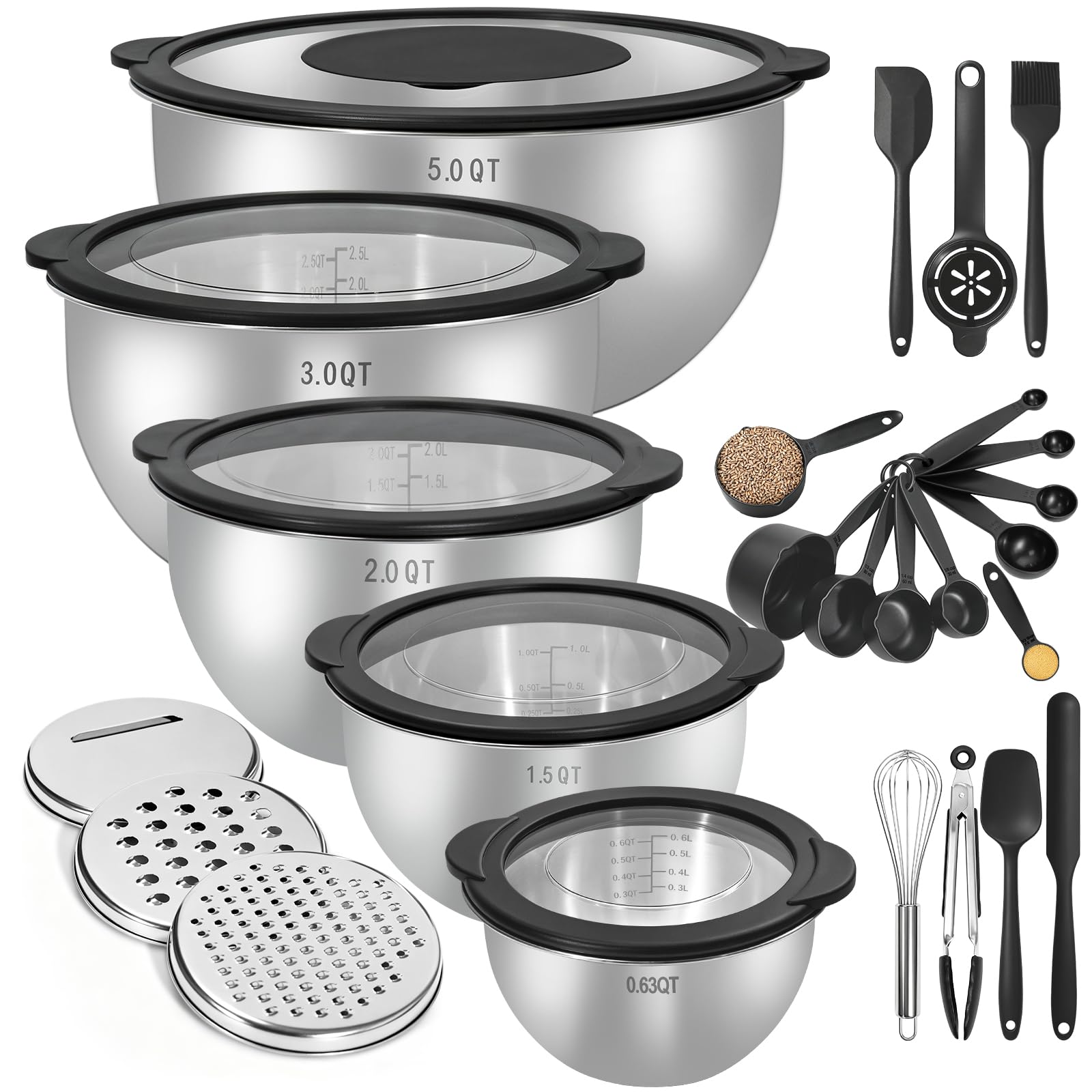 Salatschüssel mit Transparentem Deckel 5er Set - Edelstahl Rührschüssel aus stapelbar, 0,7l + 1,7l + 2,2l + 3,4l + 5,6l, Schüsselset zum Mischen & Servieren | Spülmaschinenfest | inkl.Reibe