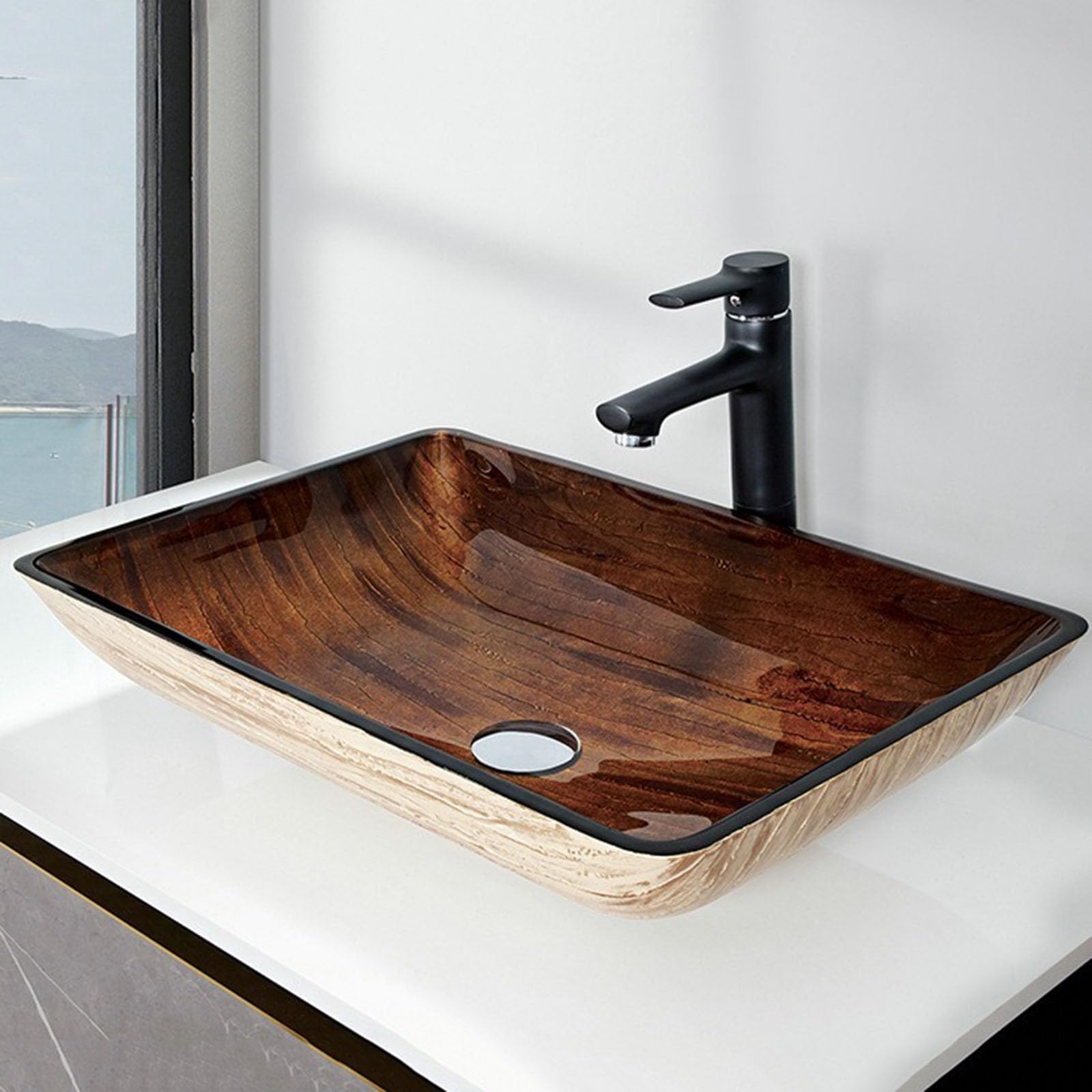 Lavabo Cristal Templado Lavamanos Rectangular 560 X 360 X 110 mm Sin Orificio Para Grifo Marrón