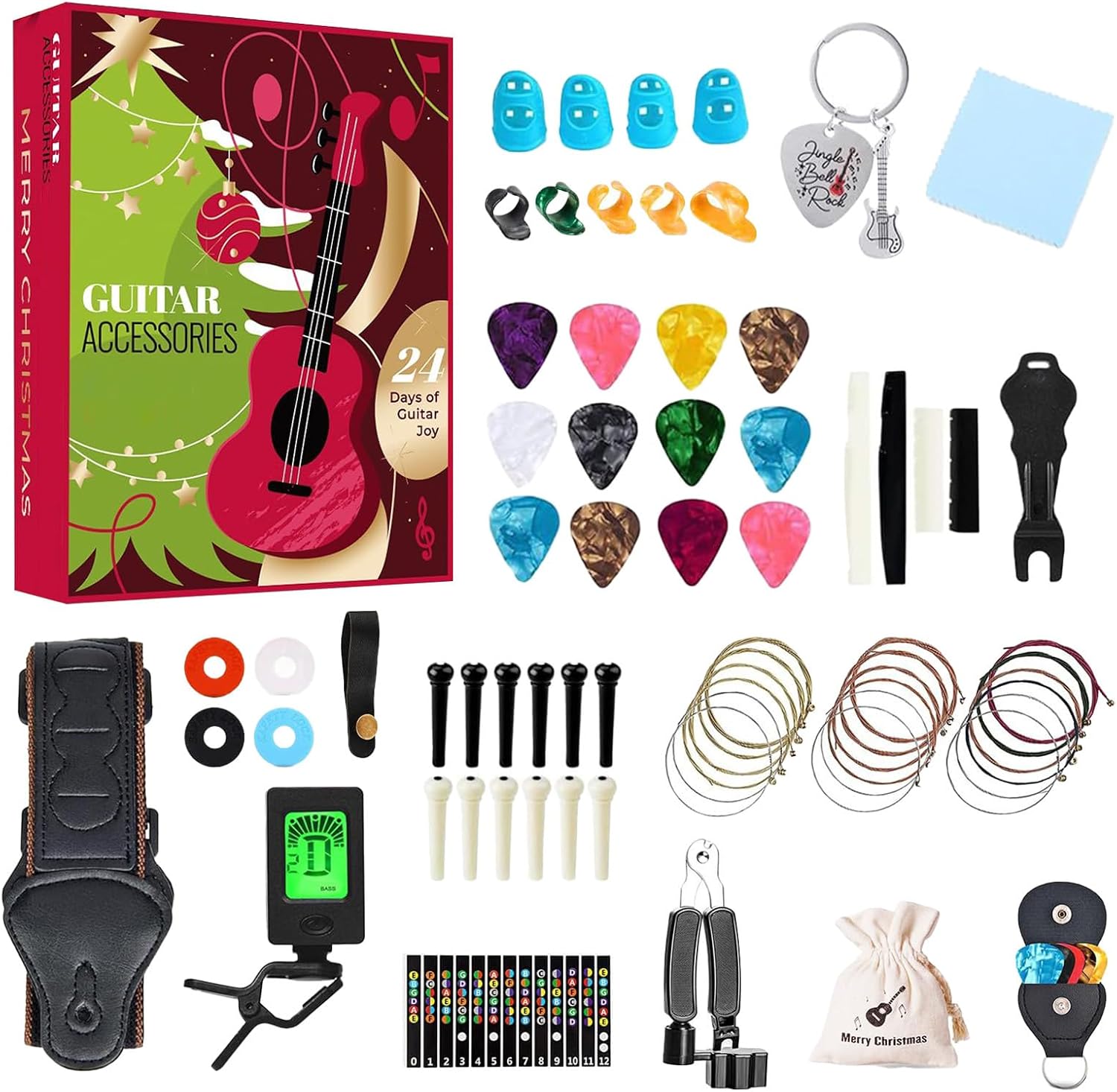 Guitar Advent Calendar 2025, 24 Days Christmas Countdown Calendar with Gutiar Picks Capo, Tuner, Strings & Accessories, Christmas Gift for Guitar, Bass, Ukulele Players