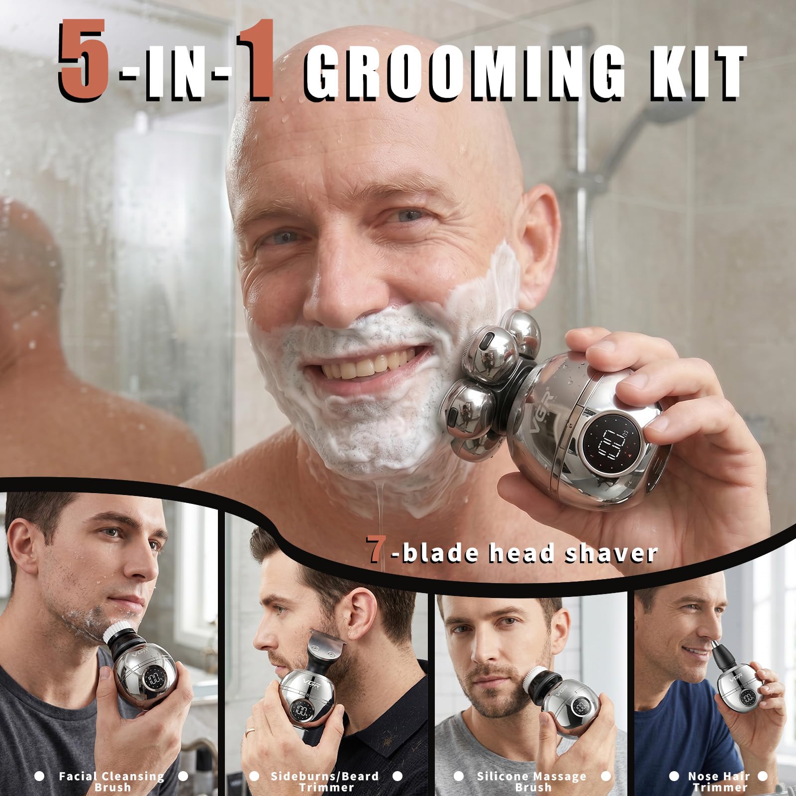 VGR 315 Rasoio Elettrico 6 In 1 Per Uomo, Rasoio Per Testa, Rifinitore Per Barba E Peli Nasali, Spazzola Viso, Ricarica USB, Display LED, Protezione IPX5, Ideale Per La Cura Di Testa, Viso E Corpo