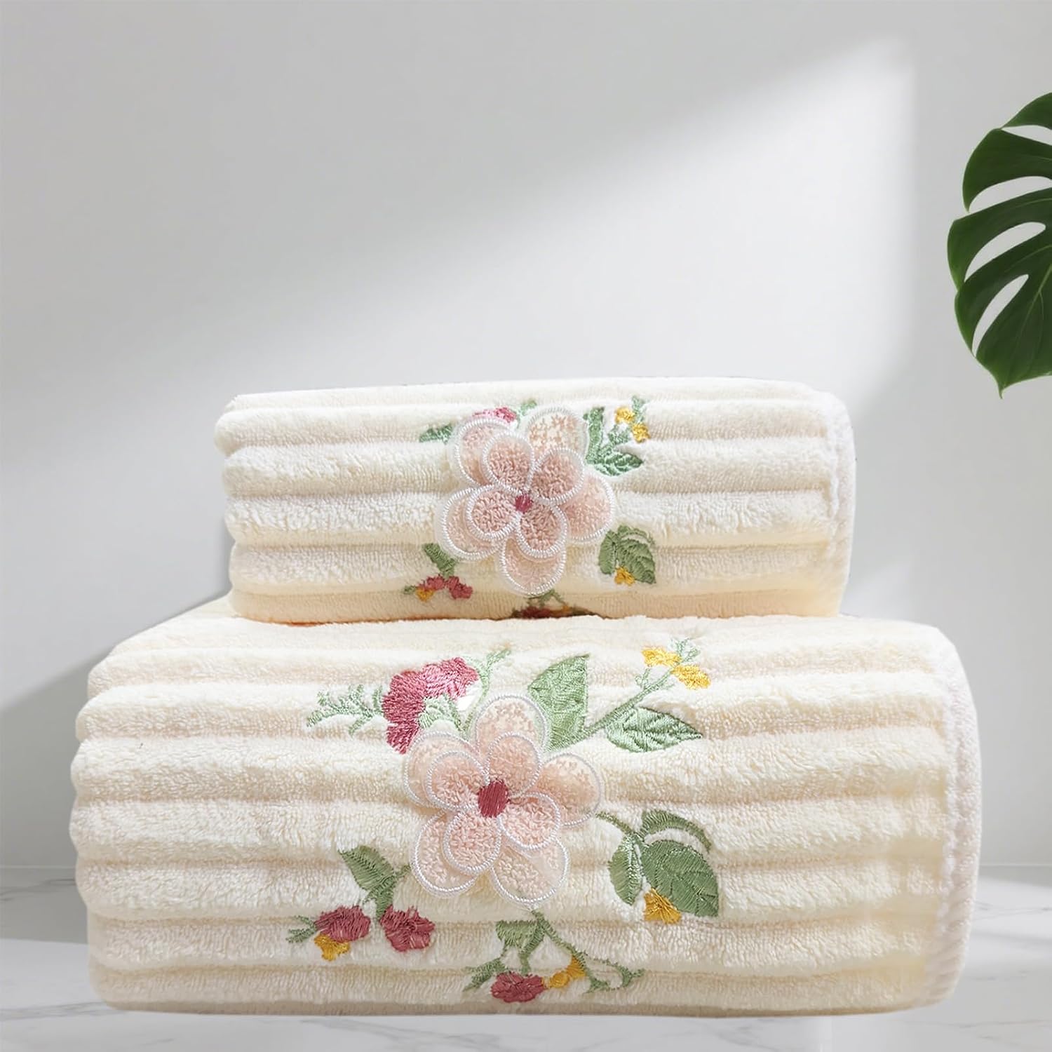 ABREEZE Embroidered Peony Flower Towel Set,White,2pc Coral Fleece Soft and Fluffy Absorbent Towels for Gym and Bathroom(1 Bath Towel,1 Hand Towel)
