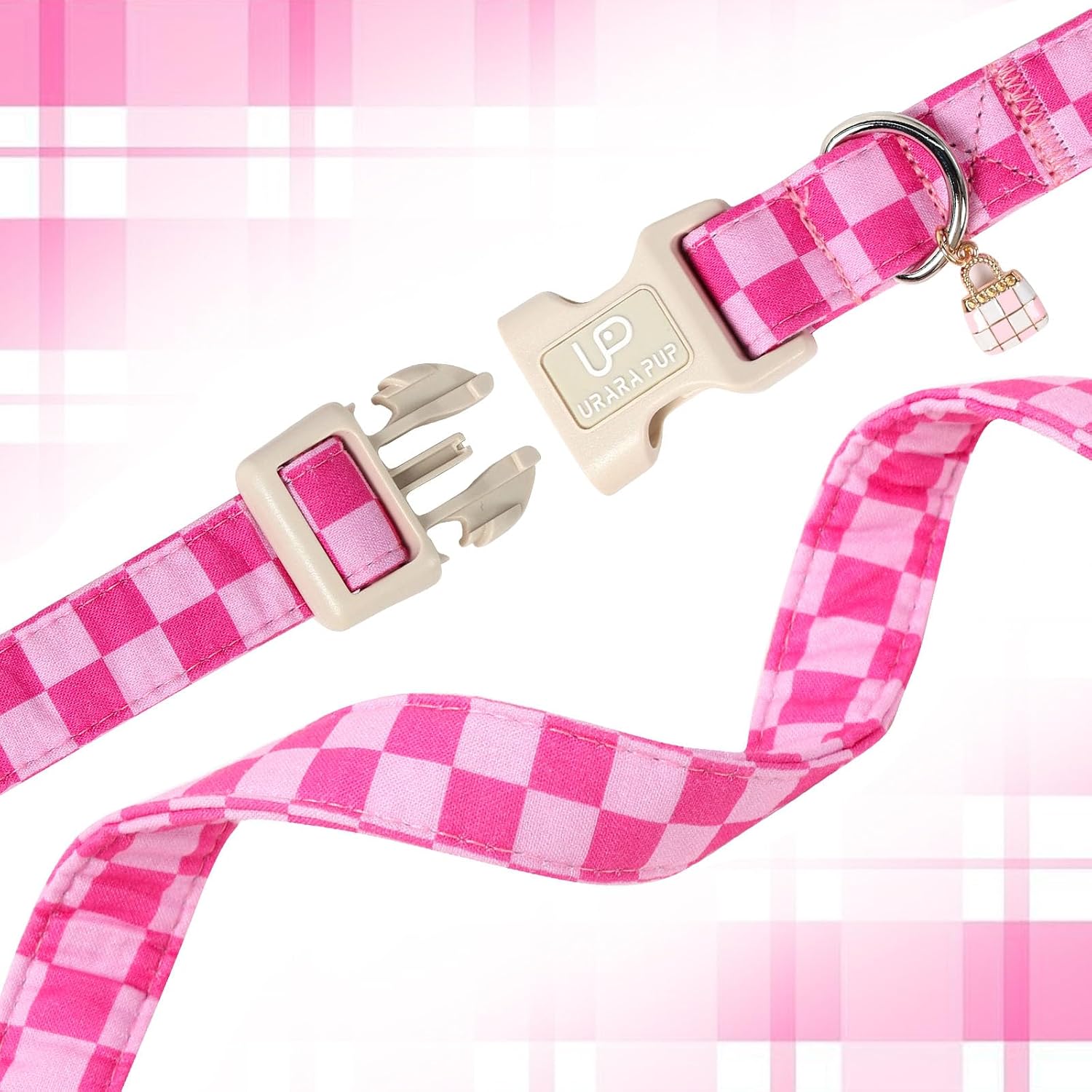 Summer Dog Collar, Pink Checkered Cotton Dog Collar with Quick Release, Gift Pink Collars for Small Medium Large Girls or Boys Dogs Cute Durable Comfortable Pet Collars image 4