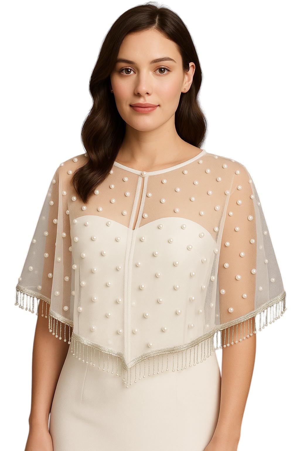 zarinivas Women's Net Pearl Beaded Cape Shrug | Transparent Sheer Dupatta Cover-Up | Stylish Wedding & Eveining Party Poncho with Bead Tassels-picture-29