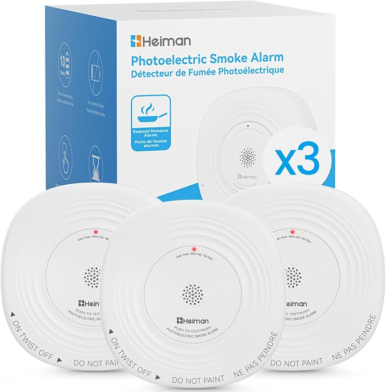 Detector de humo con batería sellada de 10 años, UL 217 10.°, paquete de 3 | Alarma de humo fotoeléctrica, luces de estado LED/alarma de 85 dB/botón de silencio de prueba, alarma de incendio para apartamento de alquiler de hotel en casa