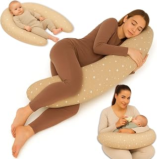 Poduszka do karmienia XXL Poduszka boczna do spania Poduszka ciążowa Poduszka pozycjonująca – Bawełniana Poduszka ciążowa dla dorosłych – 190 cm beżowy w białe kropki