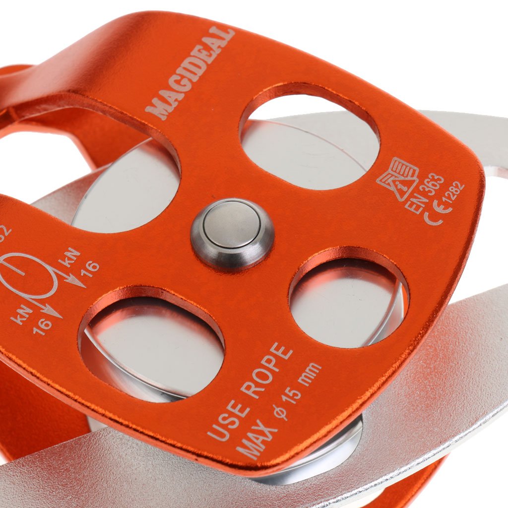 Rodamientos de bolas de aluminio de doble polea 32KN para montañismo, escalada, color naranja