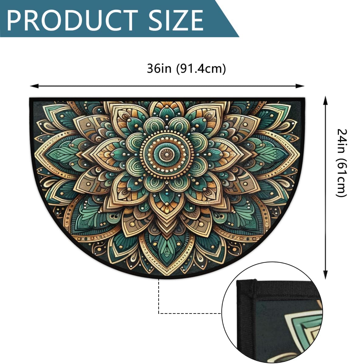 Half Round Door Mat Ethnic Mandala Green Non-Slip Soft Semi Circle Rug Washable Half Moon Welcome Entrance Doormat for Outdoor Indoor Floor Indoor Bedroom Bathroom Home Kitchen Festival Decor Gift