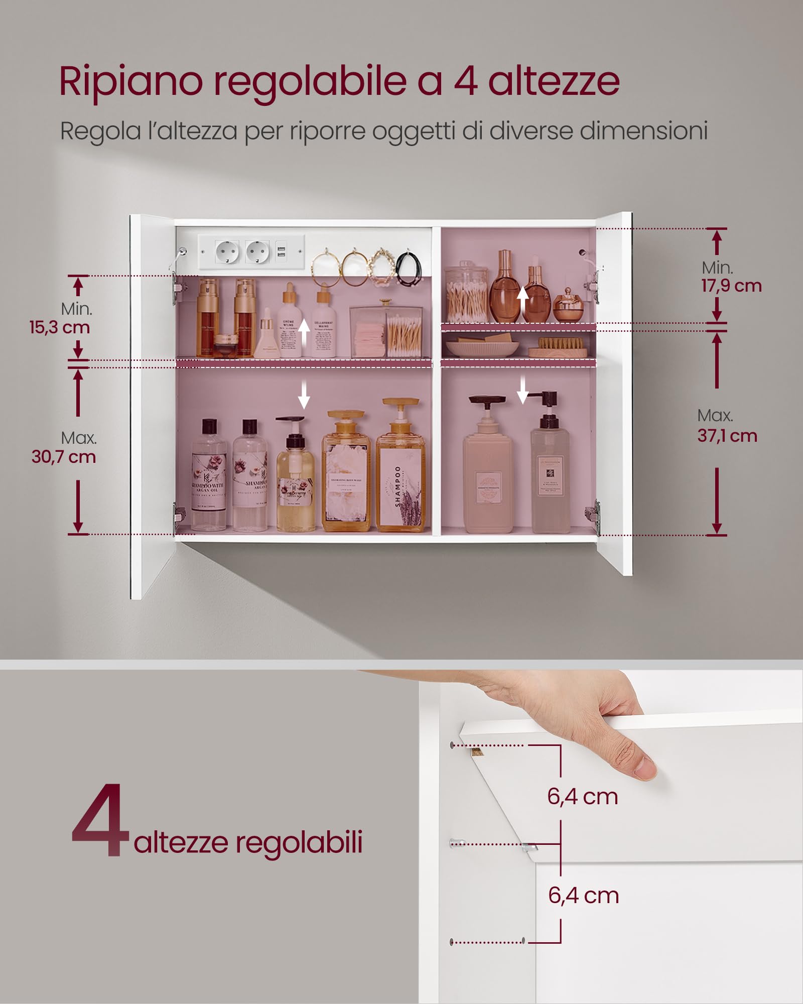 VASAGLE Kailyn Collezione - Armadietto a Specchio da Parete per Bagno con LED, Presa Multipla, Funzione Antiappannamento, Specchio Ingranditore 10x, Stile Moderno, 16,5 x 80 x 60 cm, Bianco BBK134W01