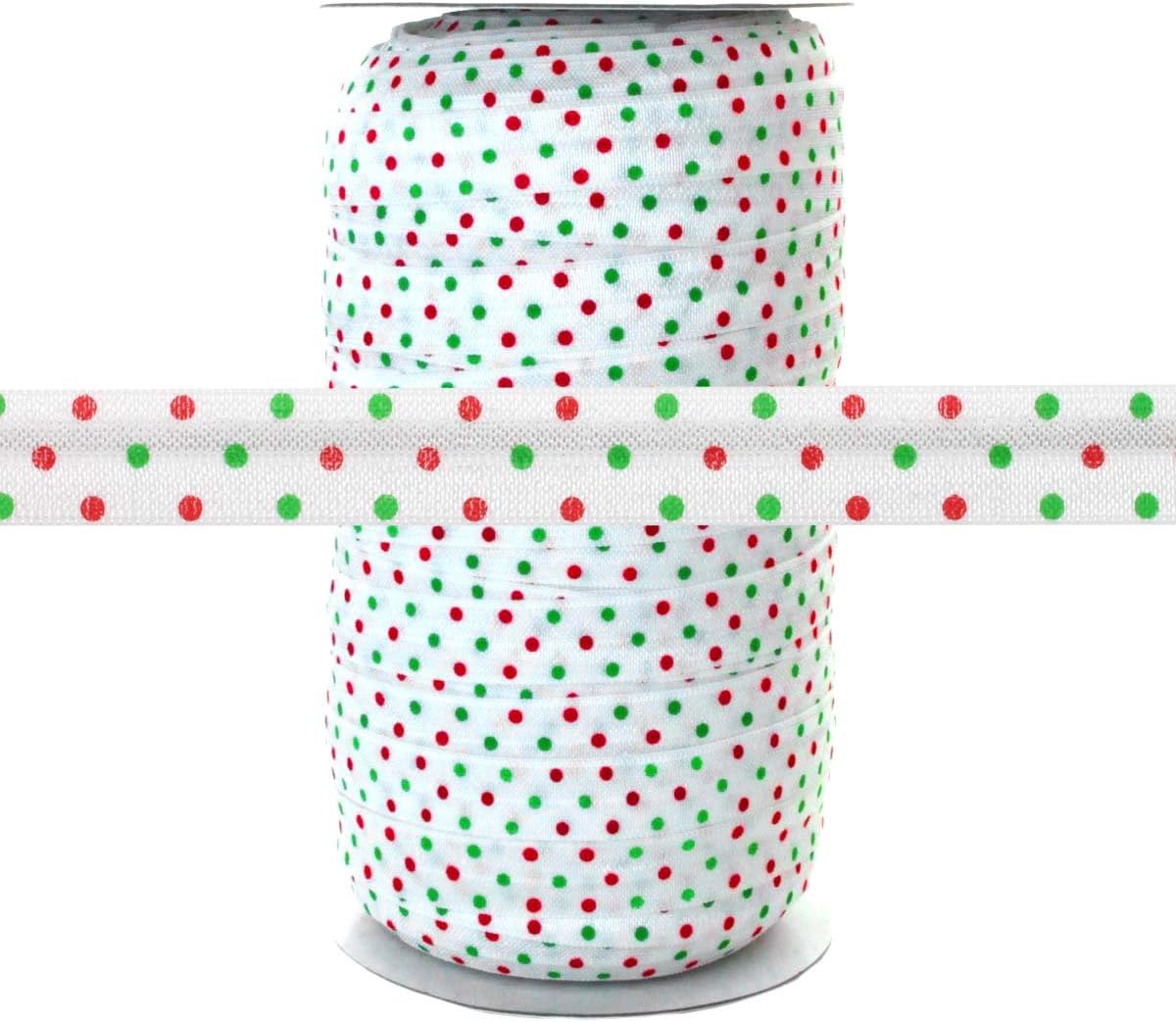 100 Yards - Red and Green Polka Dots on White - 5/8" Fold Over Elastic - ElasticByTheYard™