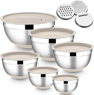 HaWare Mixing Bowl Set of 6, Stainless Steel Bowl Salad Bowl Set with Airtight Lid & 3 Grater Accessories, 4.6L/2.8L/2.5L/1.6L/1.2L/0.7L, Non-Slip Silicone Bottom and Dishwasher Safe, Khaki
