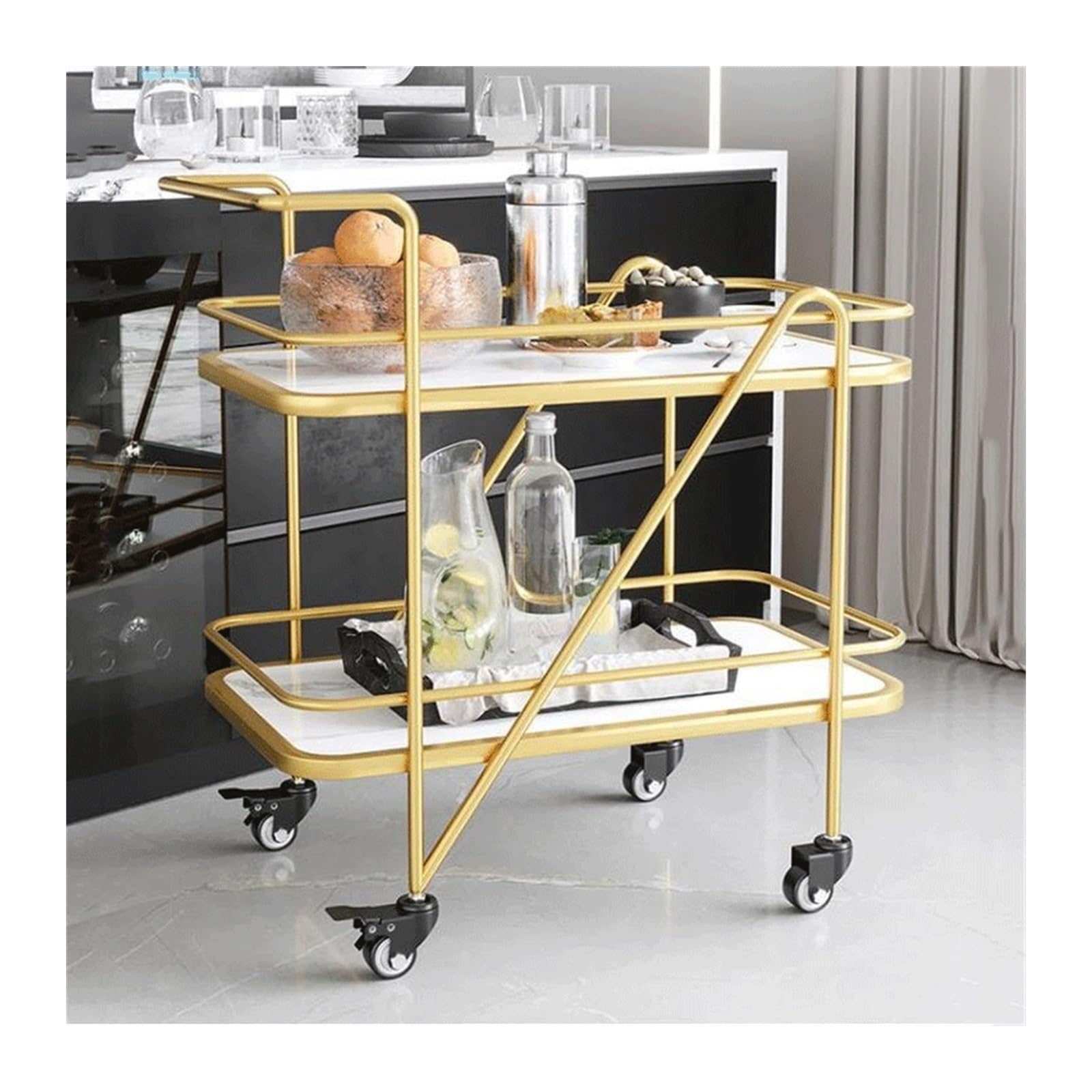 Carrito de bar elegante de metal con 2 niveles y ruedas para servir tus bebidas en el comedor