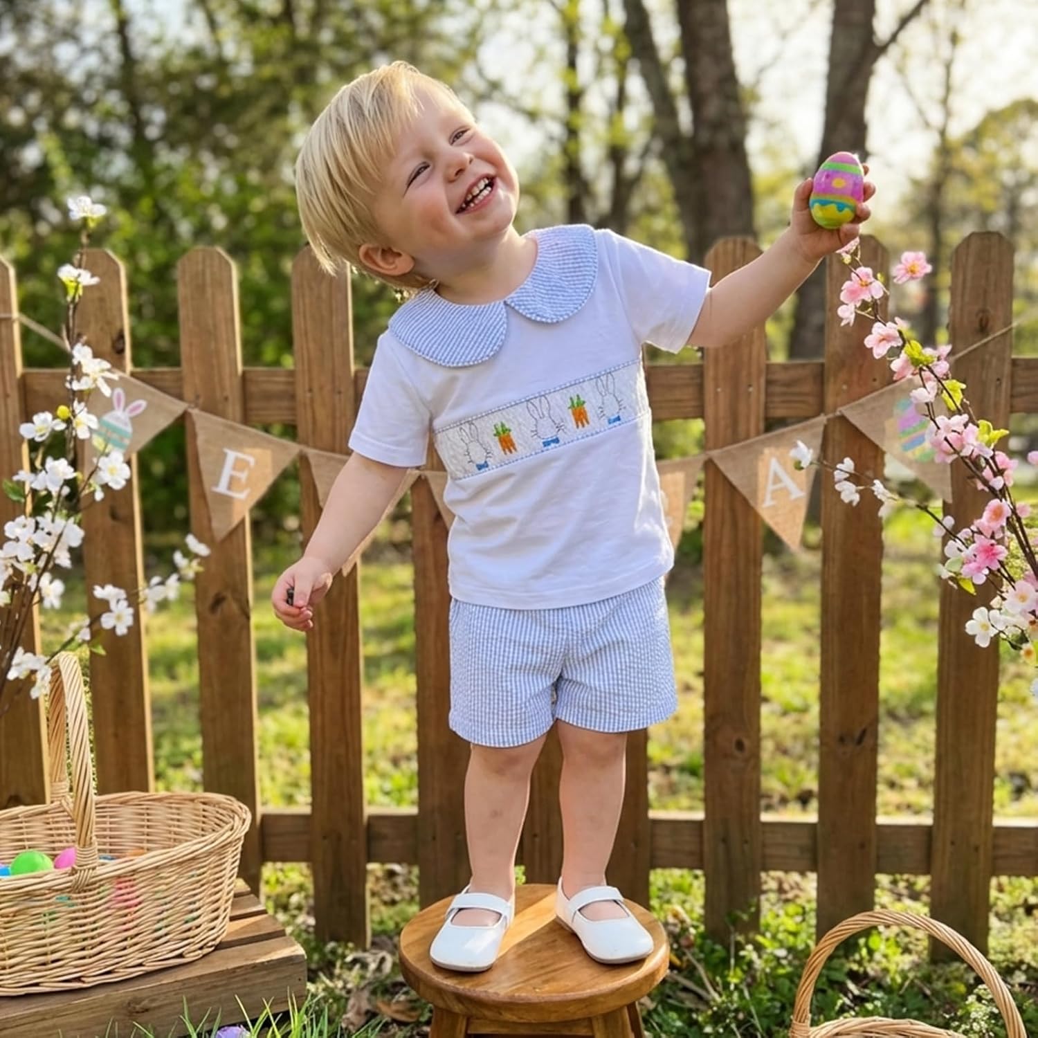 Toddler Baby Boy Easter Outfit Bunny Carrot Embroidery Short Sleeve T-shirt Stripe Shorts Set Cute Easter Clothes - Image 2