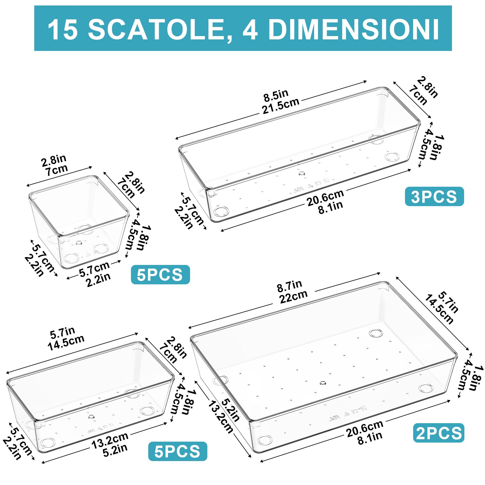 Radikor Organizer Cassetti 15 Pezzi, Organizer Trucchi Cassetti in Plastica Trasparente, 4 Dimensioni, Contenitori Cassetti per Bagno, Cucina, Trucchi, Scrivania
