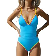 popvil Womens One Piece Swimsuit Tummy Control Bathing Suit for Women Neon Color Block Deep V Slimming Swimwear