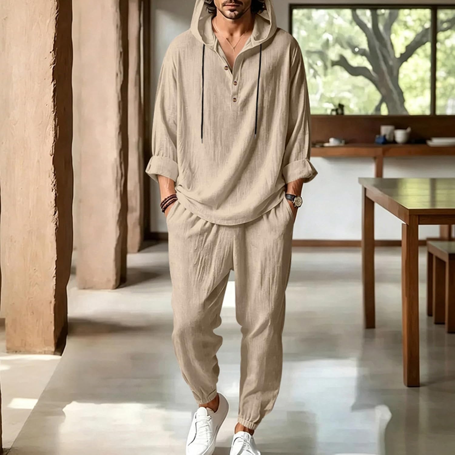 Mens Casual Two Piece Outfit Pullover Top and Jogger Pants Set