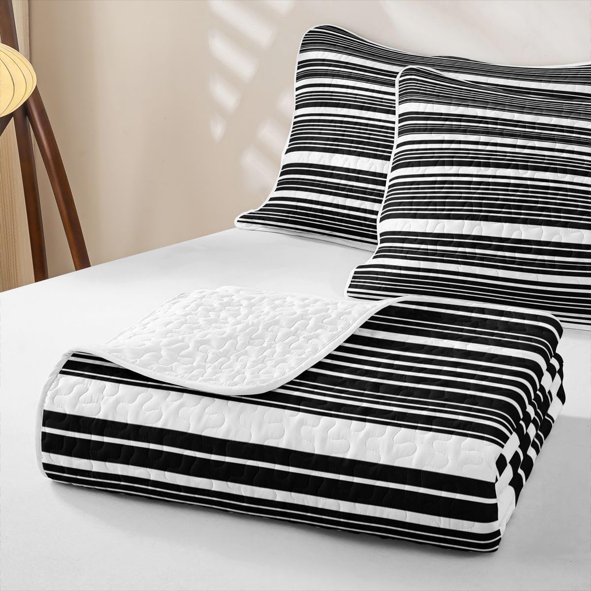Castle Fairy Lines Decorative Quilt Set Queen Size,Bohemian Lines Quilted Bedspread for Kids,Simple Stripes Quilted Coverlet with 2 Pillow Sham,Black White Bed Covers for All Season