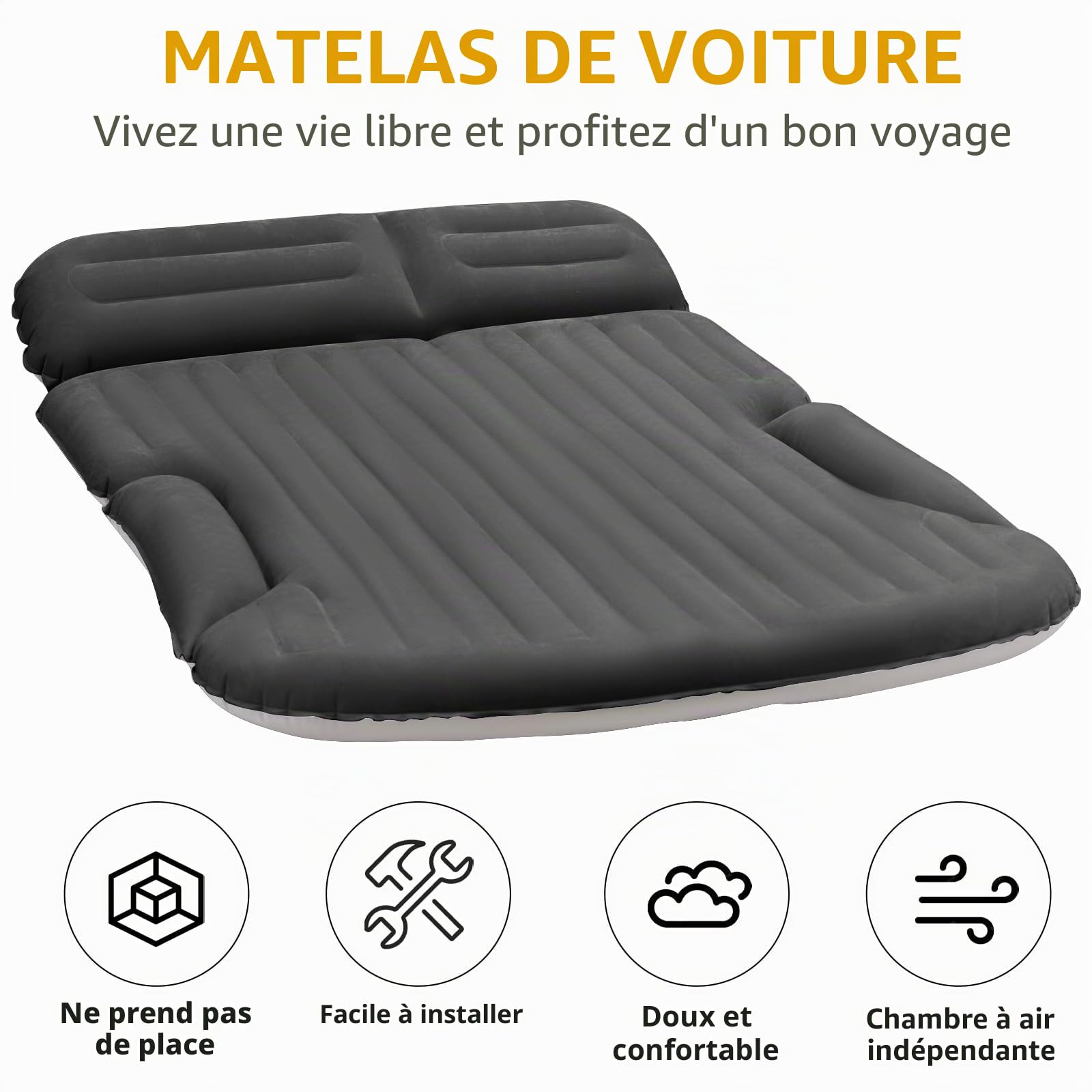 KMZ Matelas gonflable pour SUV épais et double face floqué avec 2 oreillers et pompe électrique Coussin mobile dédié pour coffre de SUV et siège arrière (gris foncé)
