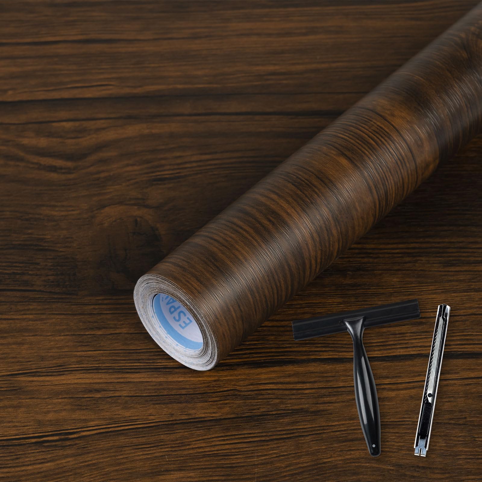 Wood Effect Vinyl Wrap Self Adhesive - Brown Wood Vinyl Wrap Sticky Back Plastic Roll Includes Toolkit - Self Adhesive Wallpaper for Furniture Table Shelf Counter Wall Kitchen Cupboards 60 X 500cm