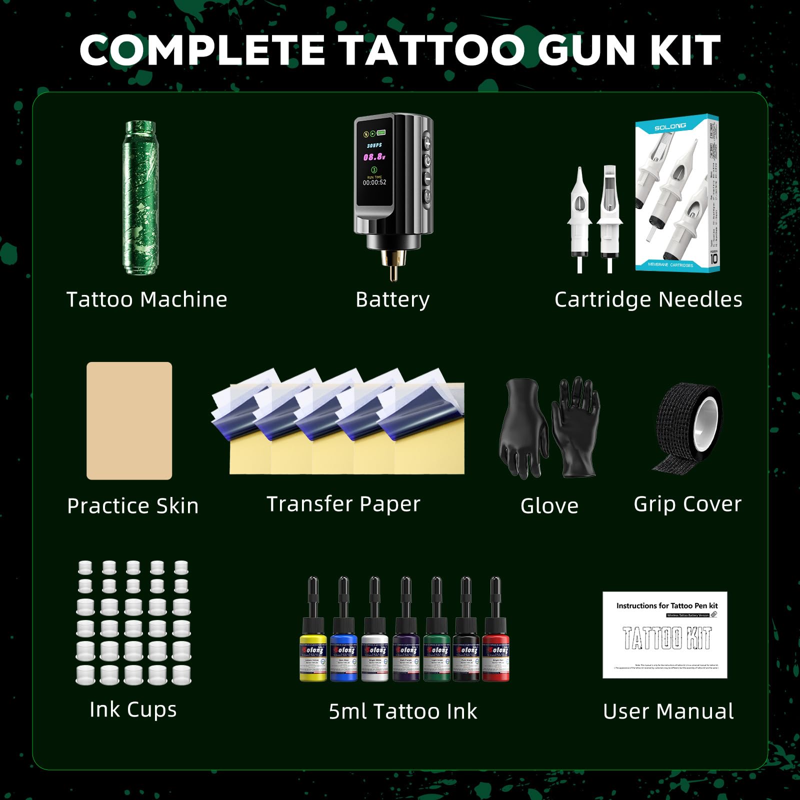 SOLONG Kit Profesional para Principiantes de Tatuajes – Lápiz Inalámbrico 1600mAh con 10 Agujas de Cartucho y Papel Transfer, Equipo Completo para Empezar, EF-TK-P753KITCEU-10