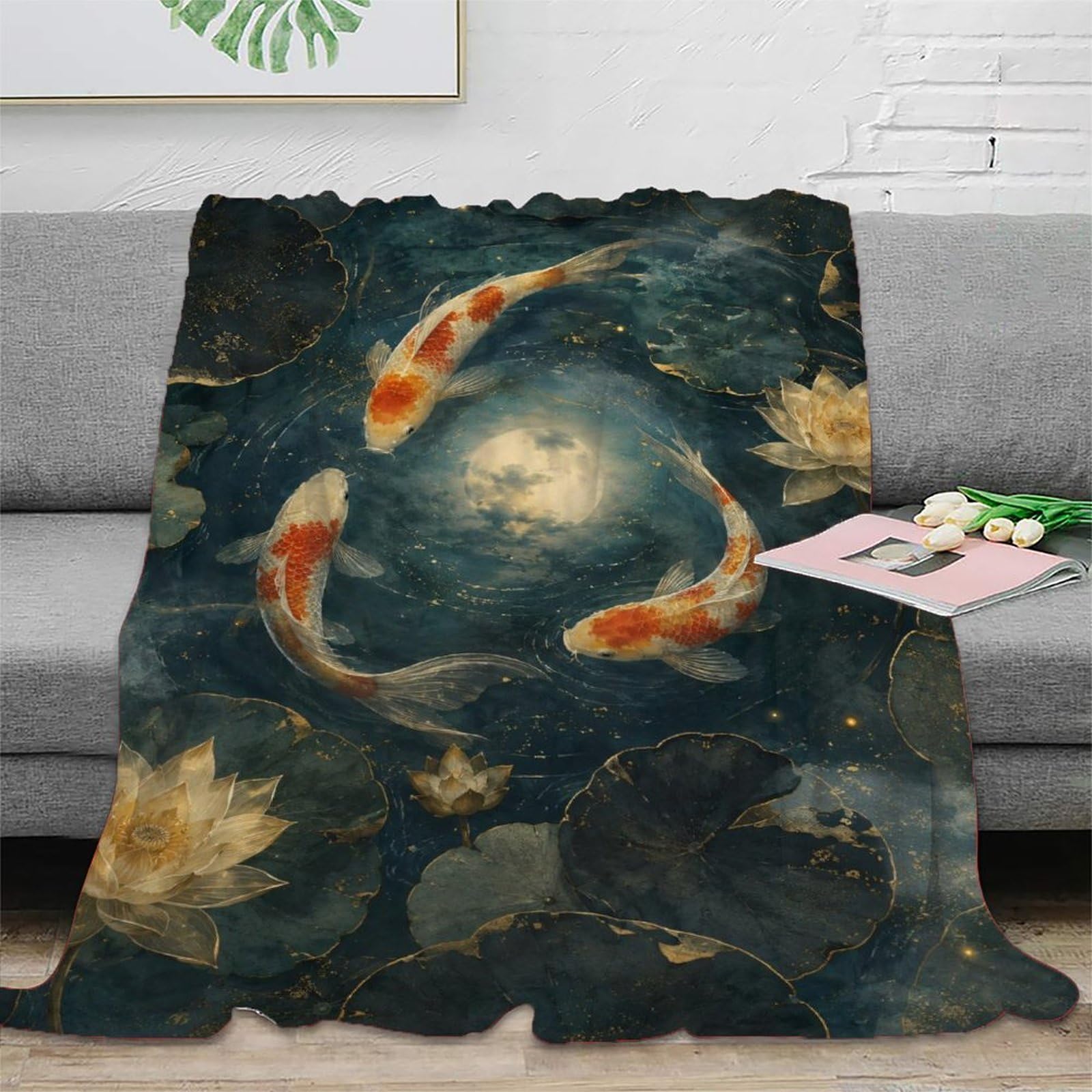 H3B8U2Y5 Koi Fish Moon Throw Blanket, Flannel, Reading, Tranquil Pond Print