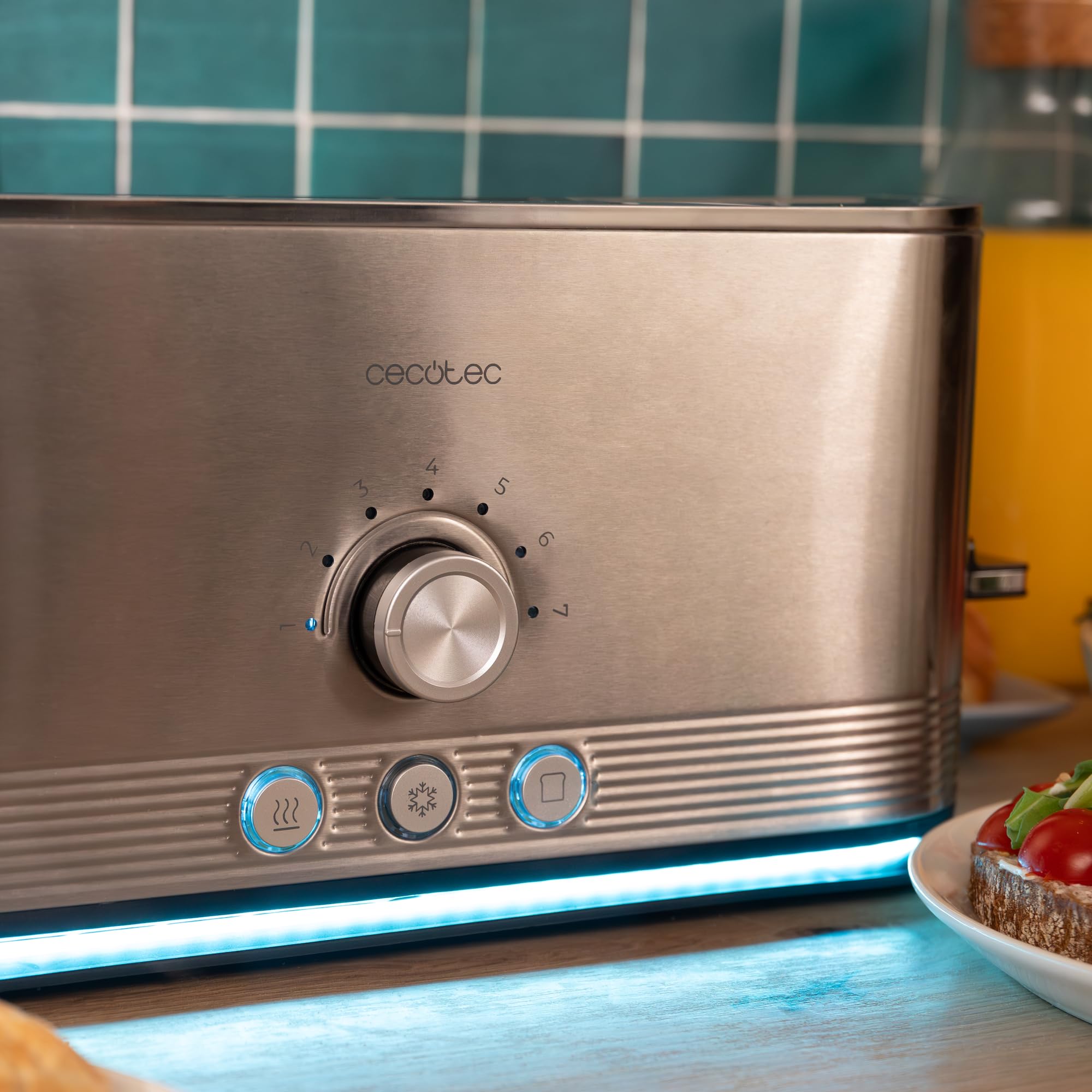 Cecotec Tostadora Vertical de Acero con Ranura Larga Shine&Toast Extra. 1050W, Capacidad para 2 Tostadas, Ranura Ancha de 3,8cm, Anillo Luminoso, 7 Niveles de Tostado, Varillas Superiores