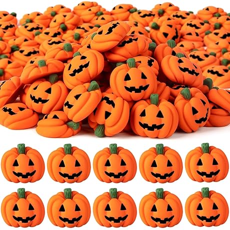 Pack of 60 Halloween Resin Pumpkin Charms: Miniature Flatback Grimace Smile Pumpkins