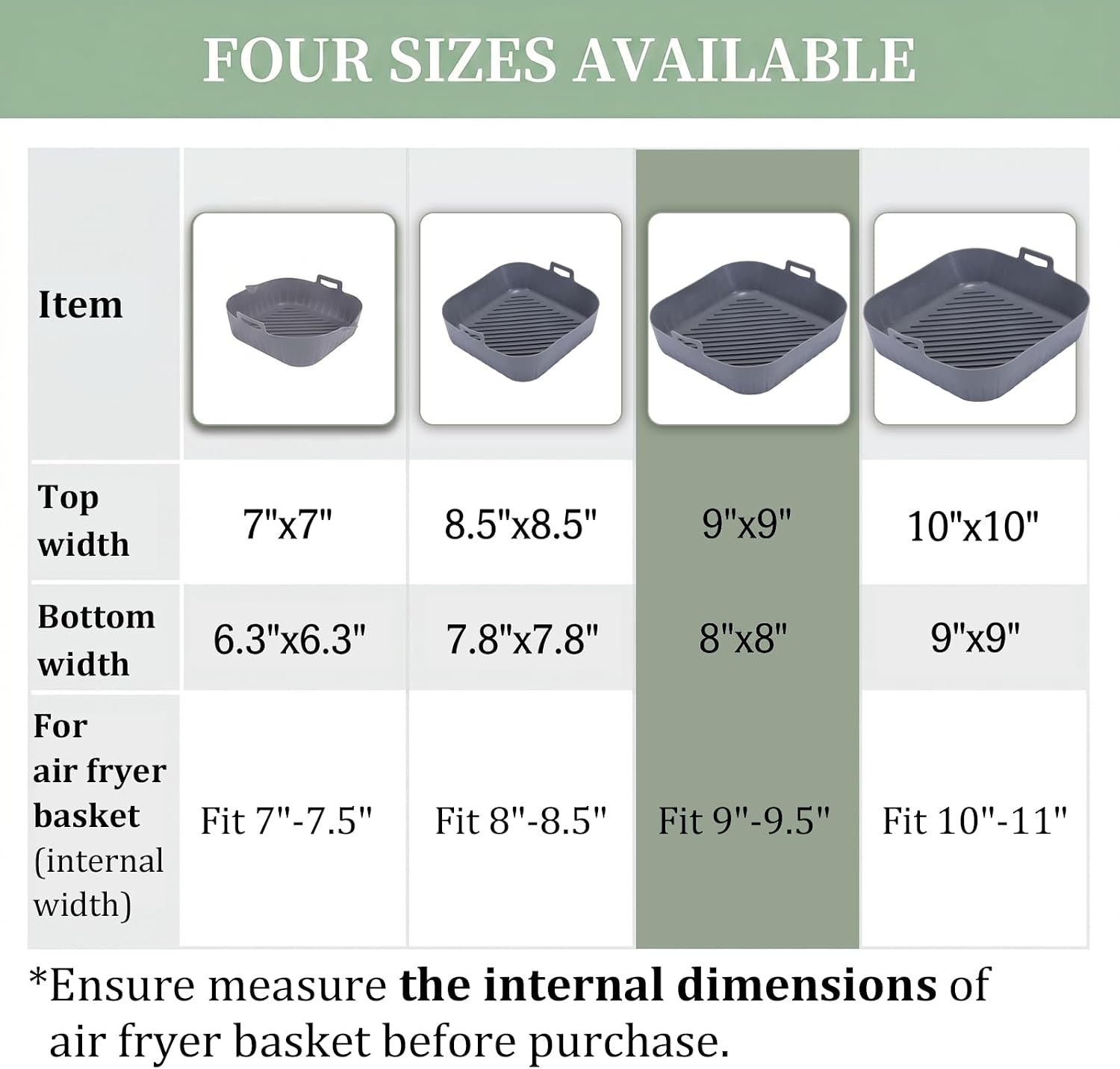 Golden Associate Silicone Liners Square for Air Fryer, 2 Pcs Non-stick Food-grade Reusable Basket Silicone Pot Baking Tray Airfryer Accessories, Top Size 9 inches, Bottom Size 8 inches