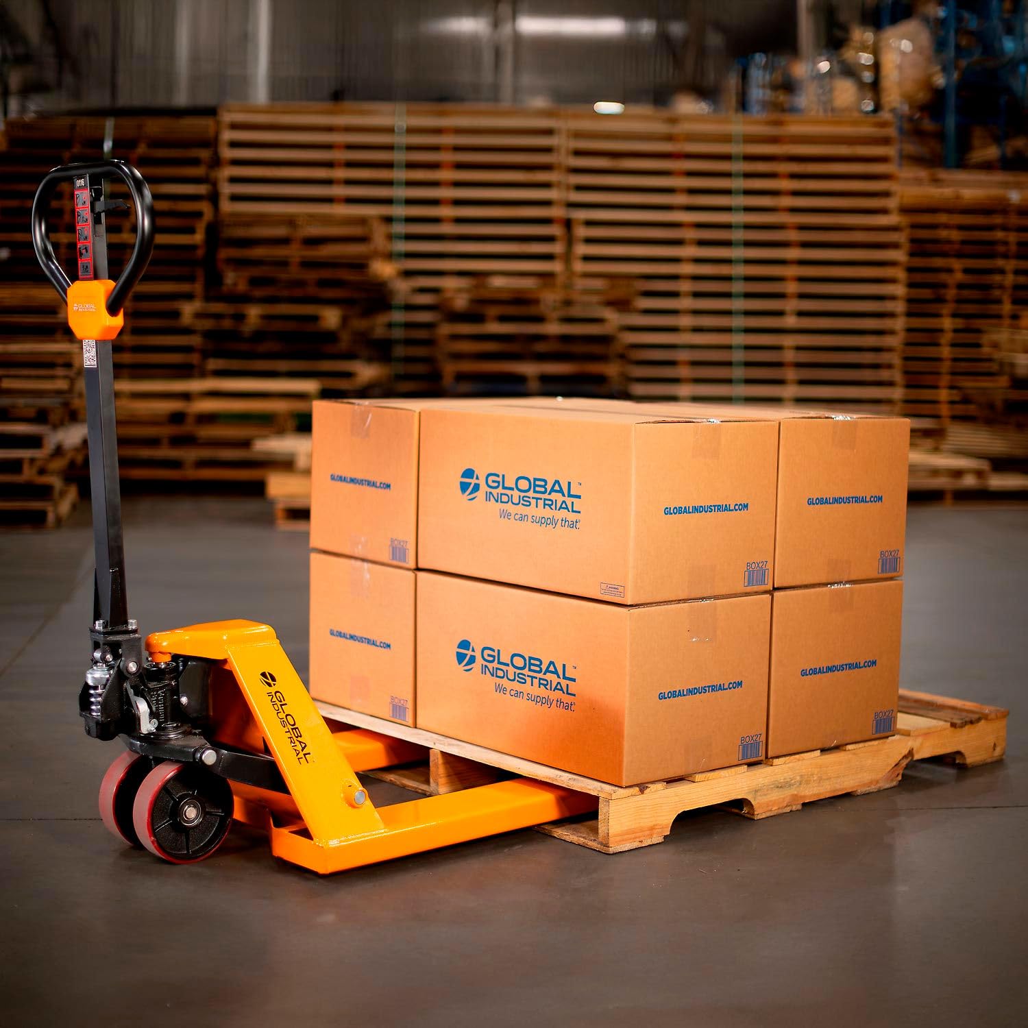 Global Industrial Industrial Duty Pallet Jack with 27" W x 48" L Forks, 5500 lb. Capacity, General Purpose Manual Pallet Truck for Warehouse, Manufacturing and Retail