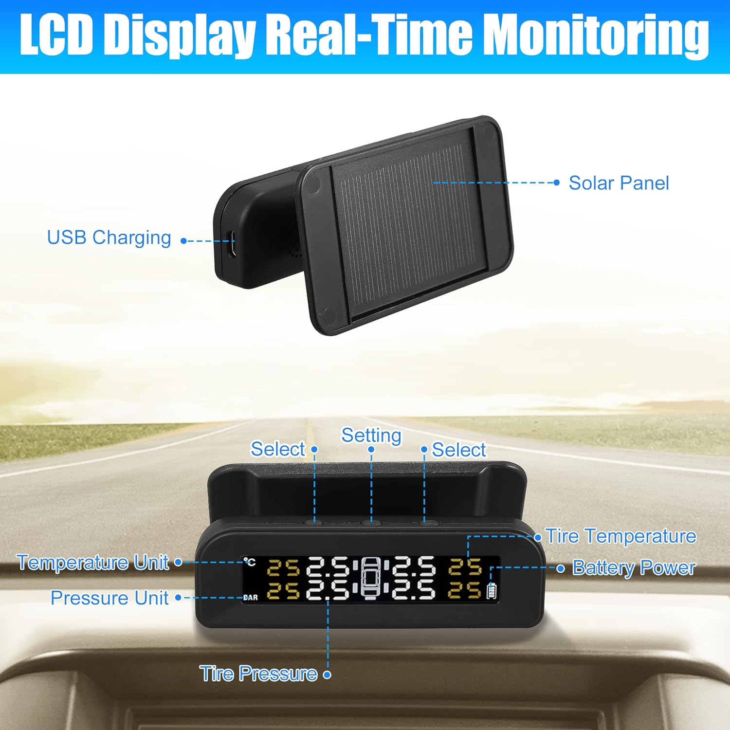 X AUTOHAUX Tire Pressure Monitoring System TPMS Wireless Solar Charger Monitor on Windowshield 5 Alarm Modes with 4 External Sensors LCD Display Angle Adjustable Monitor for Car RV SUV