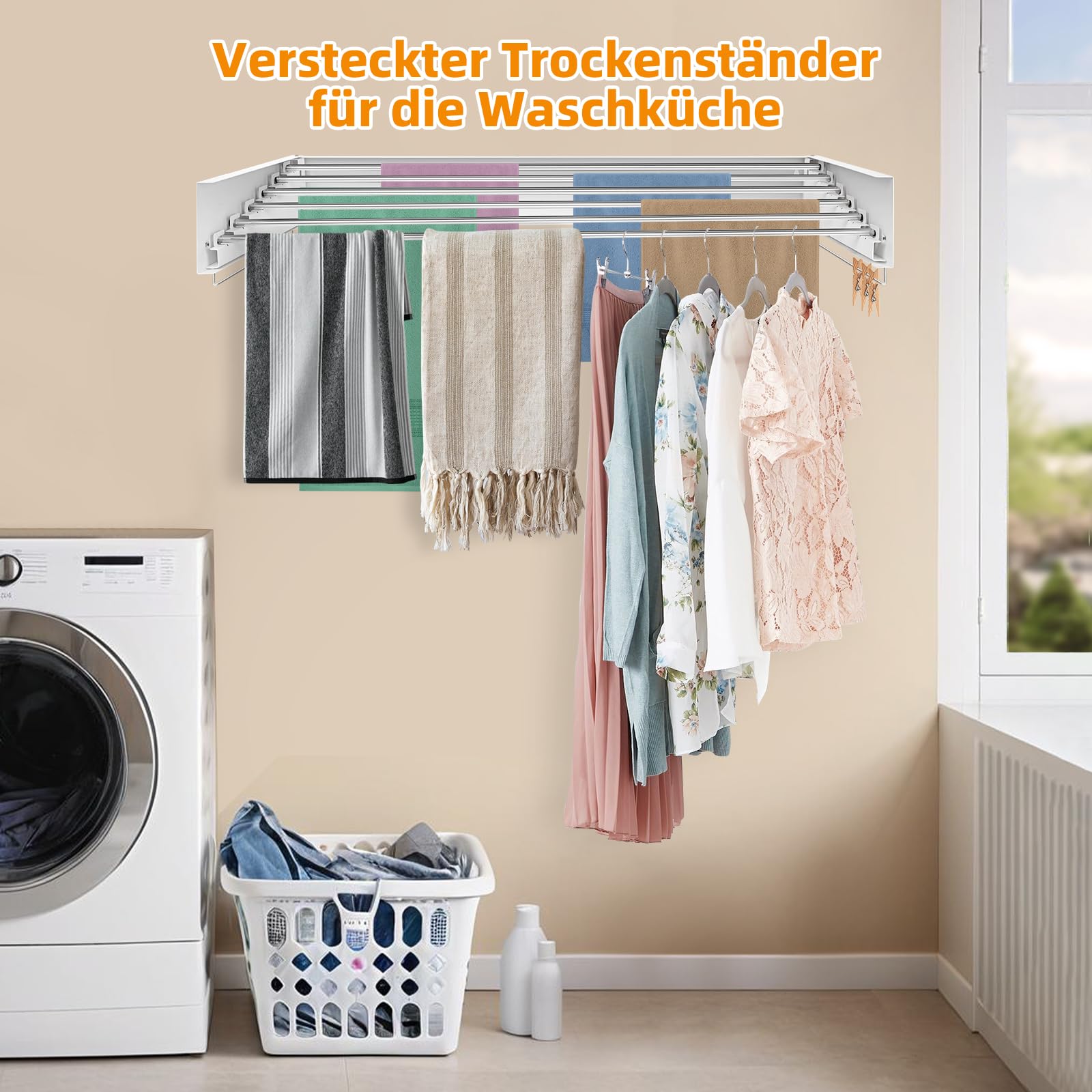 Wäscheständer Wandmontiert, Wandtrockner, klappbar Ausziehbarer 100cm Weiß | mit 6 hochwertigem Edelstahlstange, Wäscheständer zur Wandmontage für Innen oder Außen,Balkon, Terasse