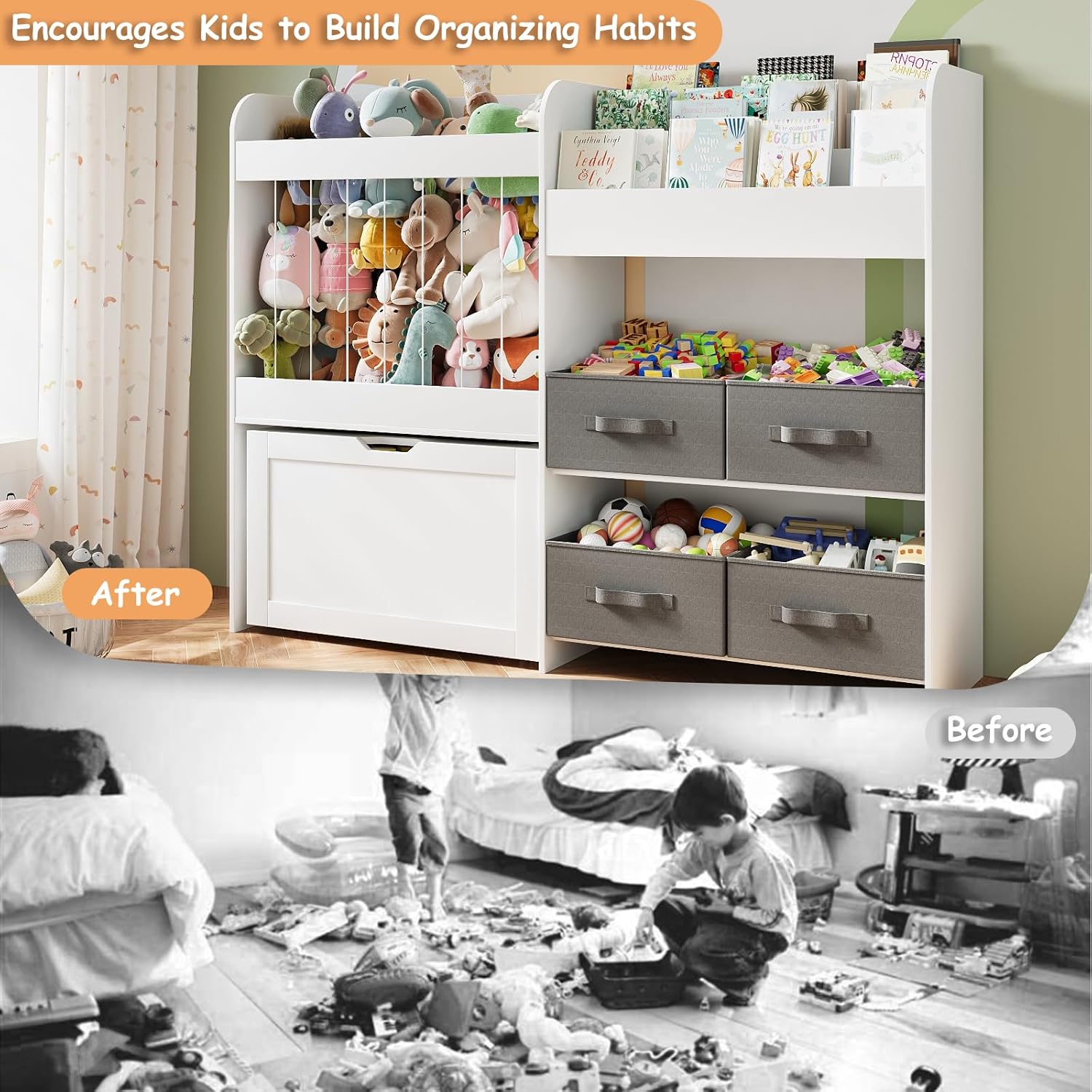 Toy Storage Organizer with Stuffed Animal Storage – Kids Bookshelf with 4 Removable Bins and 1 Movable Toy Box, 3-Tier Bookshelf with Buildable Baseplate Lid for Lego Bricks, Kids Room Playroom, White