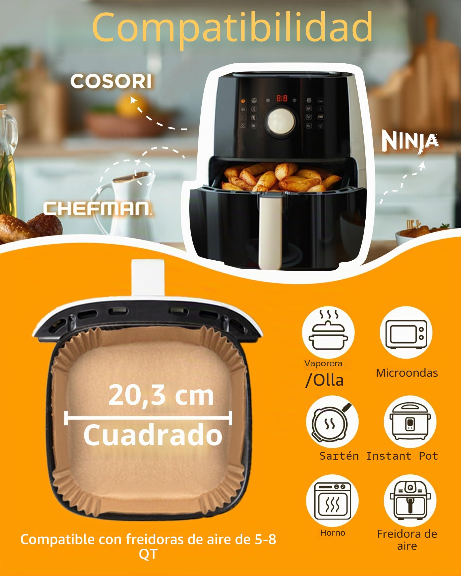 Papel Freidora Aire,500 unidades,Diámetro Interior 20 cm, libre de BPA, para 5 a 8 litros (Cuadrado, Desechable)