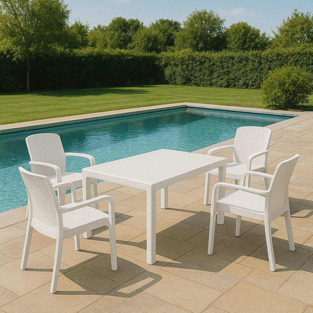 Dmora Set Salotto da Esterno Tarquinia, Salottino Outdoor e Indoor, Tavolo Rettangolare con 4 Sedie Impilabili, Bianco
