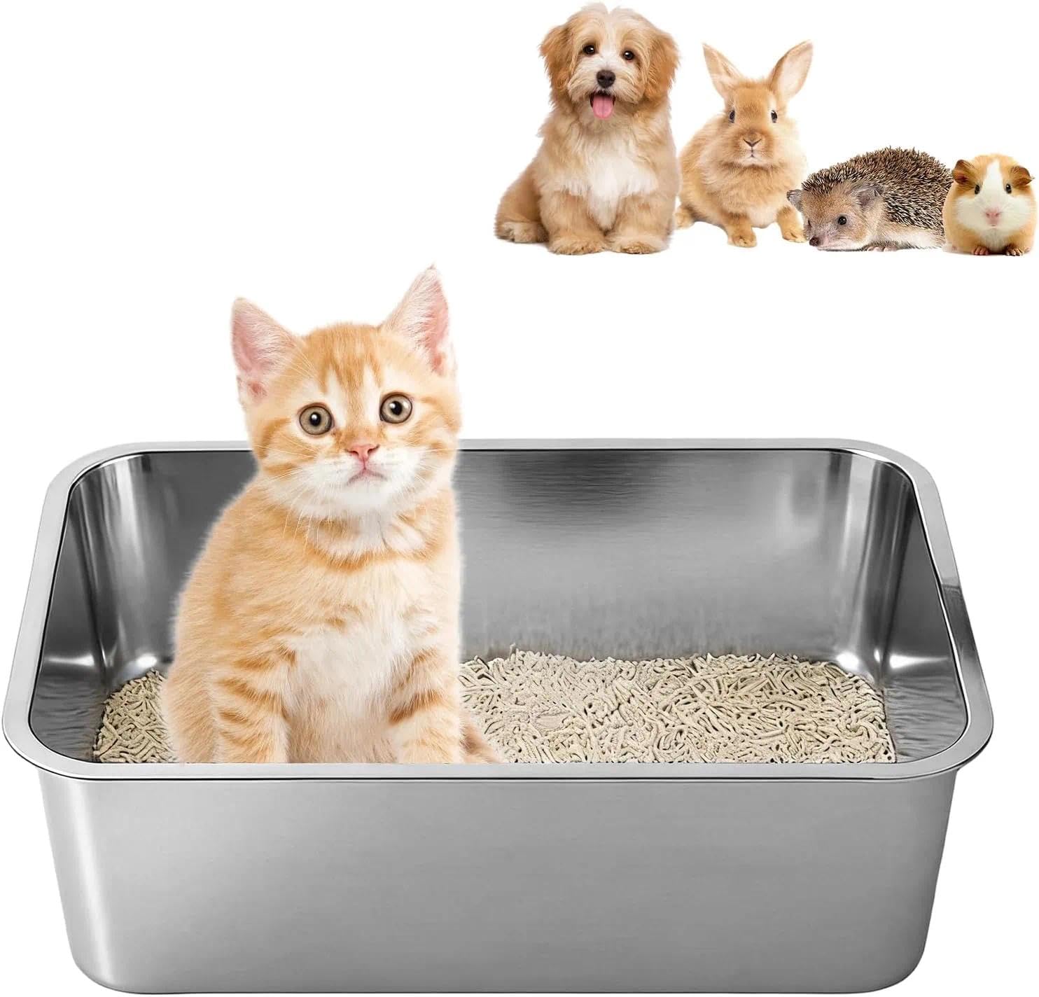 Stainless Steel Cat Litter Tray, High Sided Open Top Litter Box, Non-Stick Odor-Free Rustproof Metal Litter Pan, Easy Clean Pet Toilet Tray for Kittens Small Cats Rabbits Guinea Pigs（40×30×10cm ）